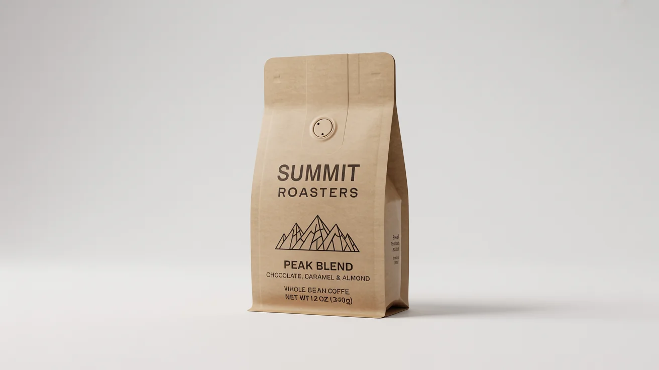 A photorealistic mockup of a brown kraft paper coffee bag for 'Summit Roasters' with a 'Peak Blend' label, standing upright against a clean white background.