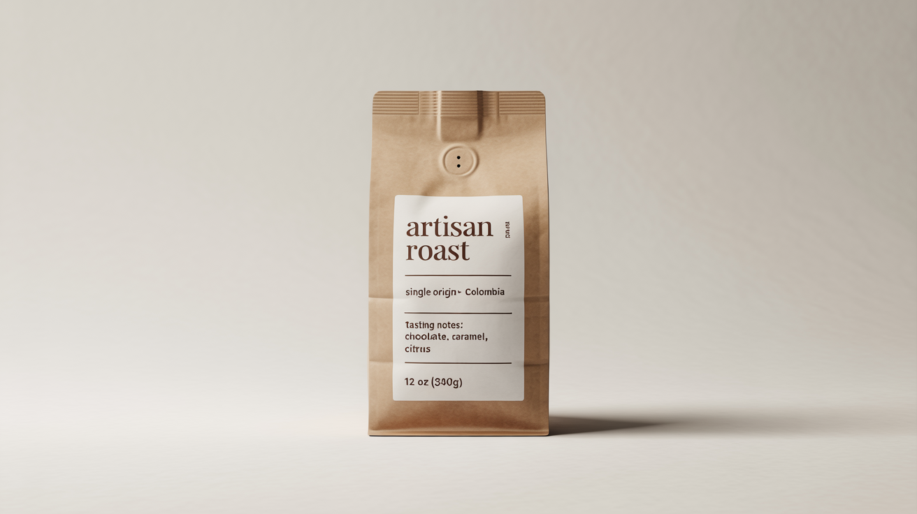 A photorealistic mockup of a brown Kraft paper coffee bag with a modern white label, standing on a clean white background. The label reads 'ARTISAN ROAST, SINGLE ORIGIN - COLOMBIA'.