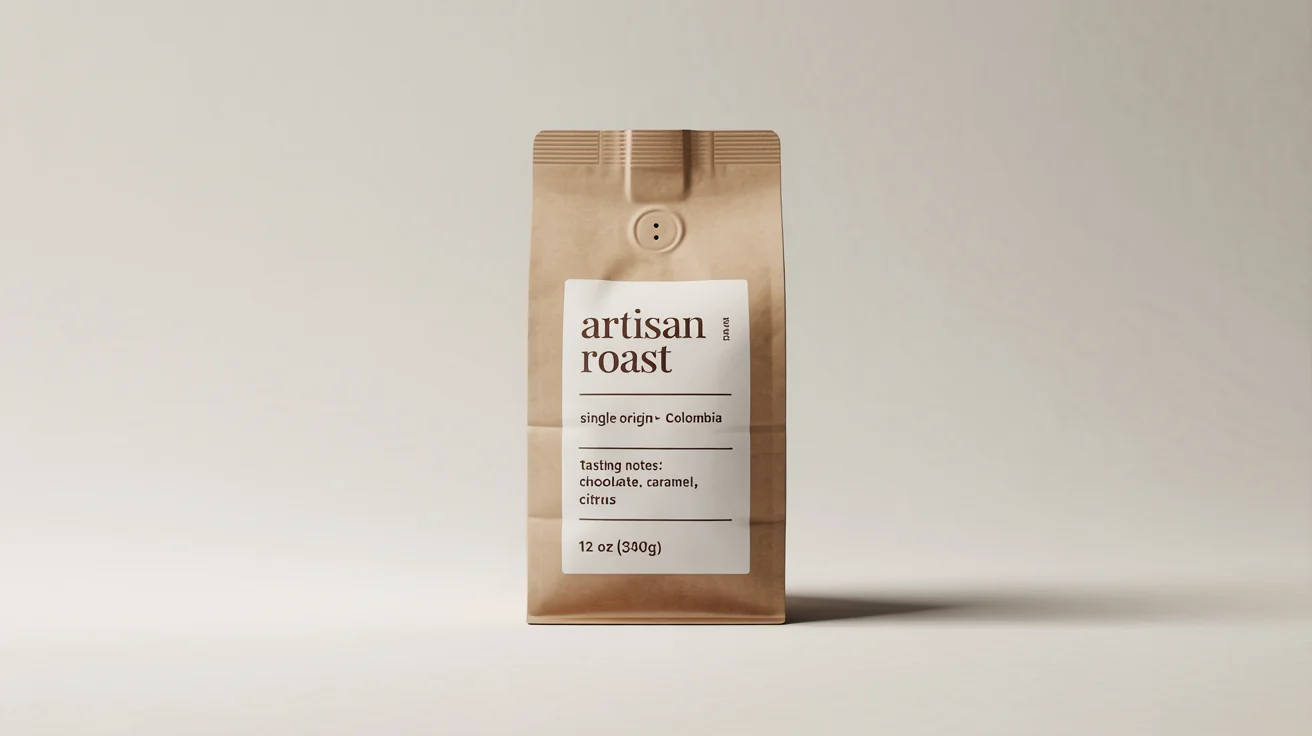 A photorealistic mockup of a brown Kraft paper coffee bag with a modern white label, standing on a clean white background. The label reads 'ARTISAN ROAST, SINGLE ORIGIN - COLOMBIA'.