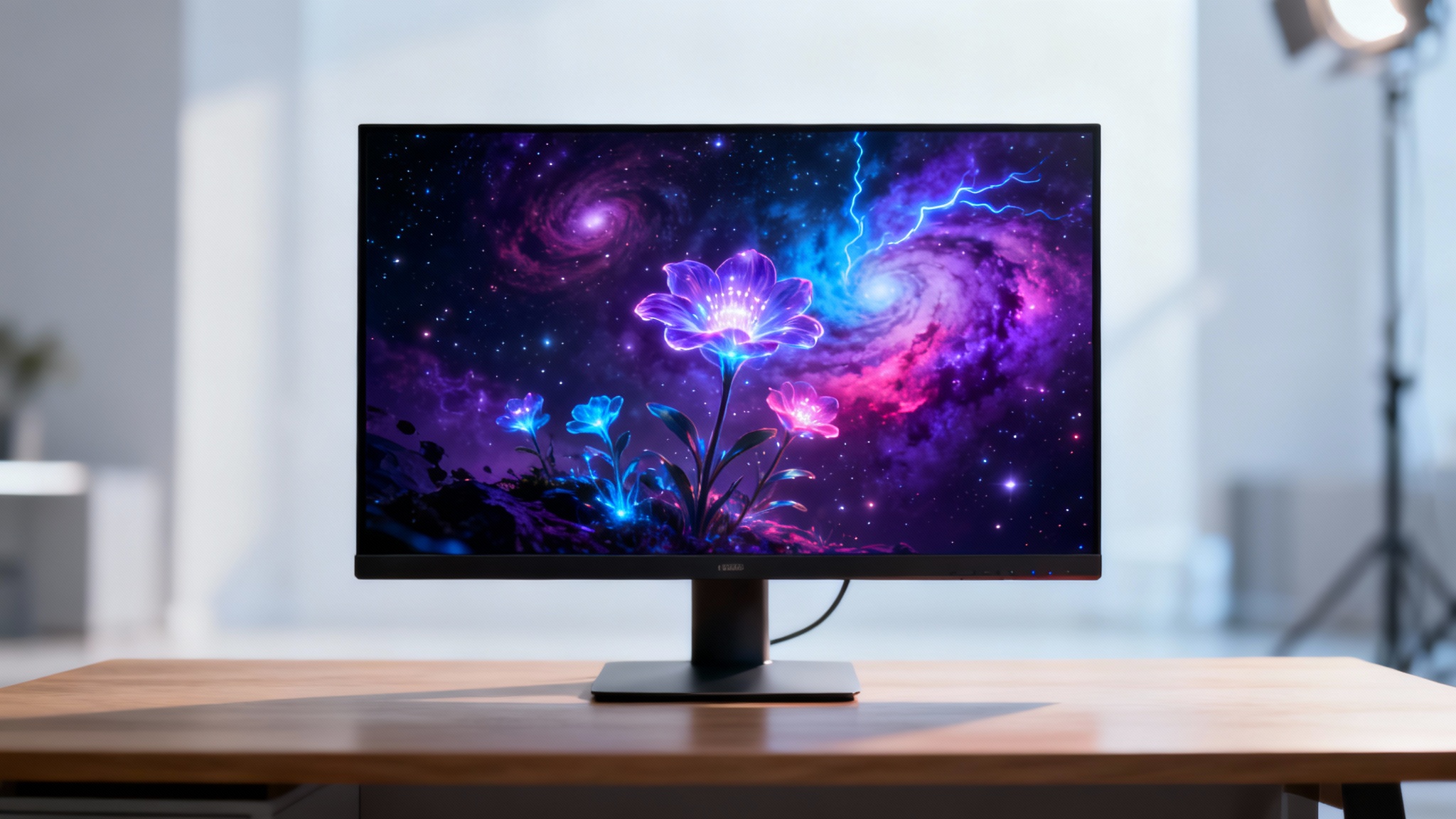 A modern desktop computer monitor displaying a vibrant, fantasy-themed cosmic landscape wallpaper on a clean desk.