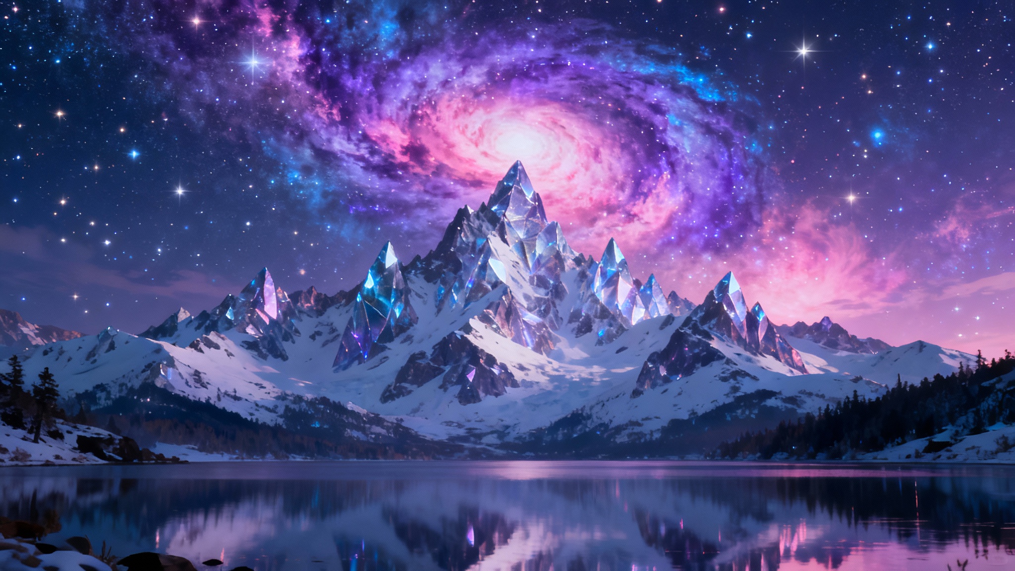 A photorealistic wallpaper of a majestic mountain range reflected in a calm lake, set against a backdrop of a vibrant purple and pink nebula-filled night sky.