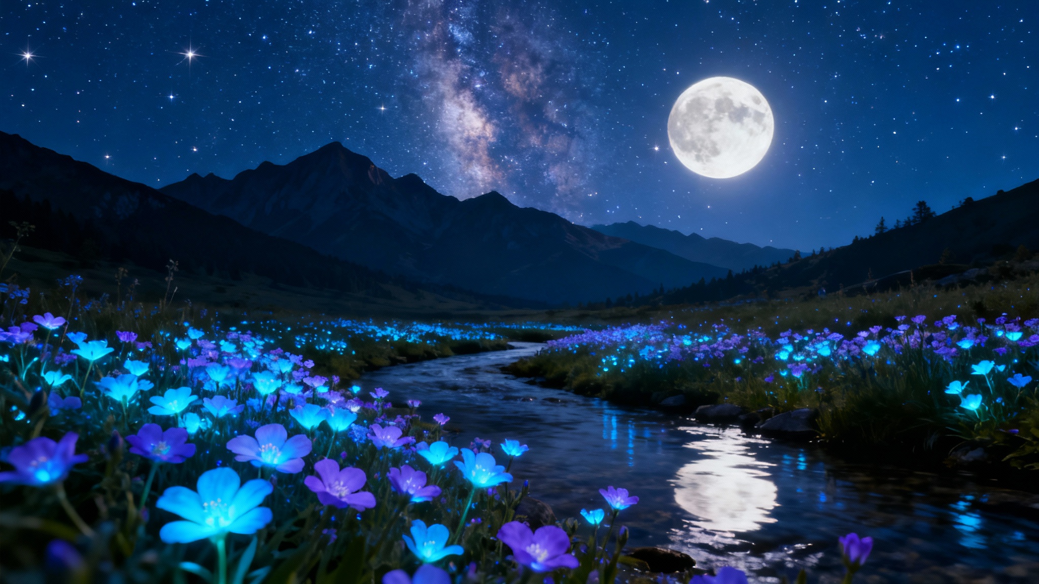 A magical night-time landscape wallpaper featuring glowing blue and purple wildflowers, a meandering stream reflecting a starry sky, and silhouetted mountains under the Milky Way.
