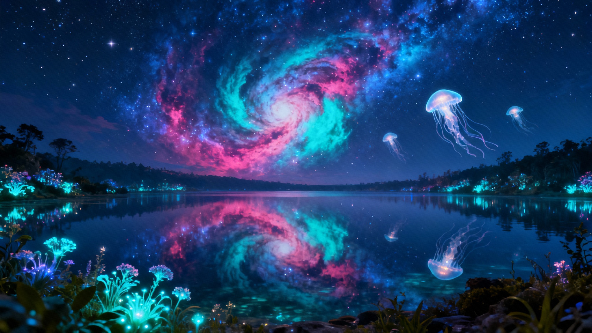 A fantasy landscape wallpaper showing a serene lake reflecting a colorful nebula in the night sky, with glowing plants and floating ethereal creatures.