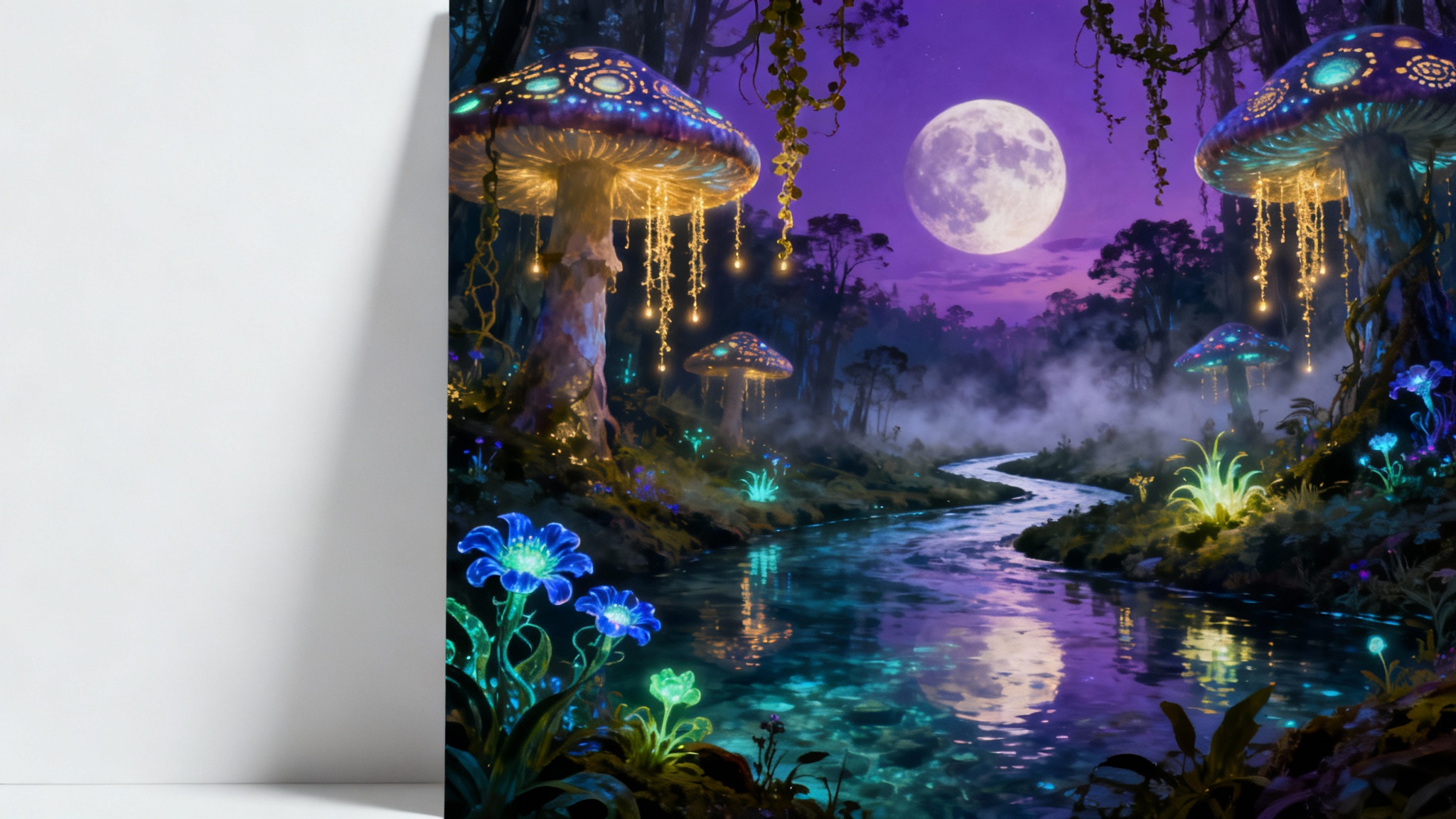 A stunning digital wallpaper of a magical, bioluminescent forest at twilight, featuring a winding river and glowing plants, presented as a mockup on a clean white background.