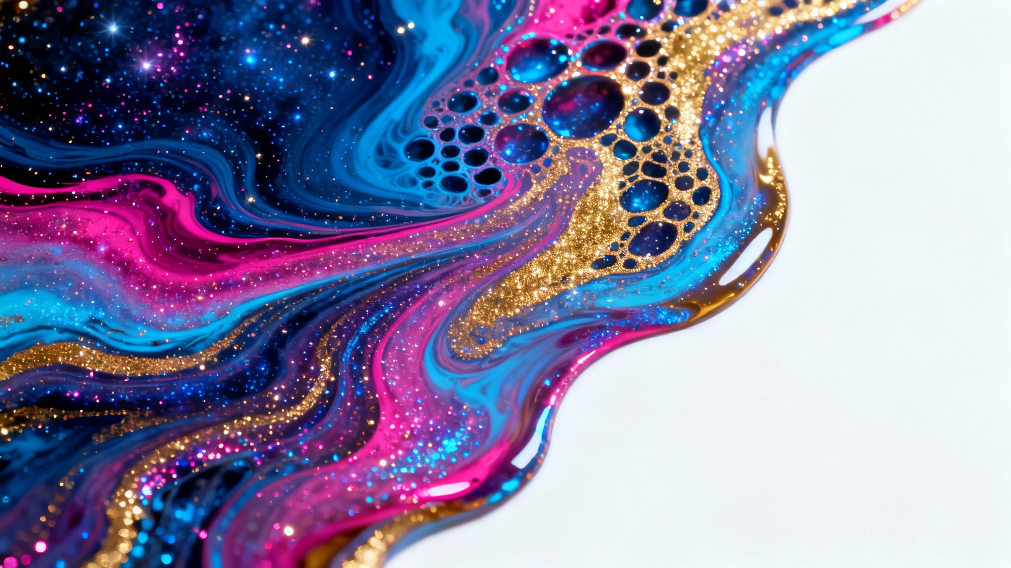 A vibrant abstract wallpaper design featuring a swirl of iridescent blue, magenta, and gold liquid art, with sparkling details, creating a luxurious and mesmerizing effect.