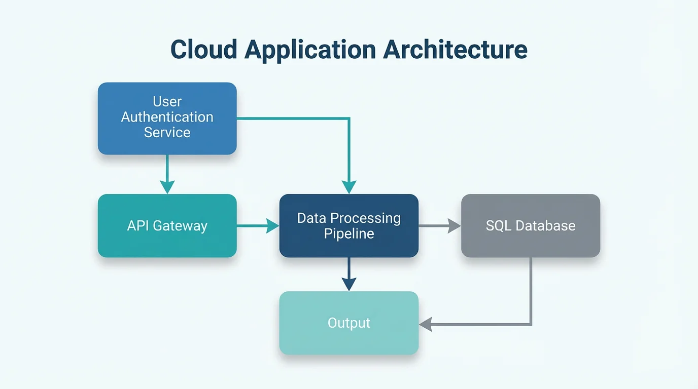 A professionally designed block diagram showing a cloud application architecture, presented as a final, polished graphic against a clean background. Blue and teal blocks with labels like 'API Gateway' are connected by arrows, demonstrating a clear data flow.