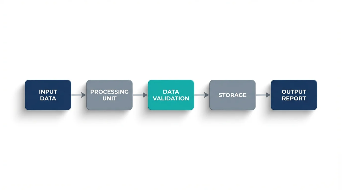 A modern, professional block diagram showing a five-step process flow with labeled rectangular blocks, set against a clean white background.