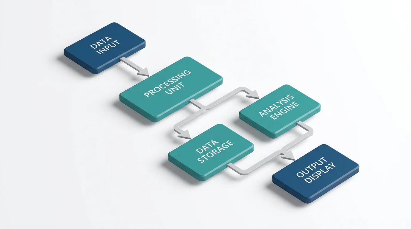 A professionally designed block diagram illustrating a system's workflow, with blocks labeled 'Data Input', 'Processing Unit', and 'Output Display' connected by arrows, all set against a clean white background.