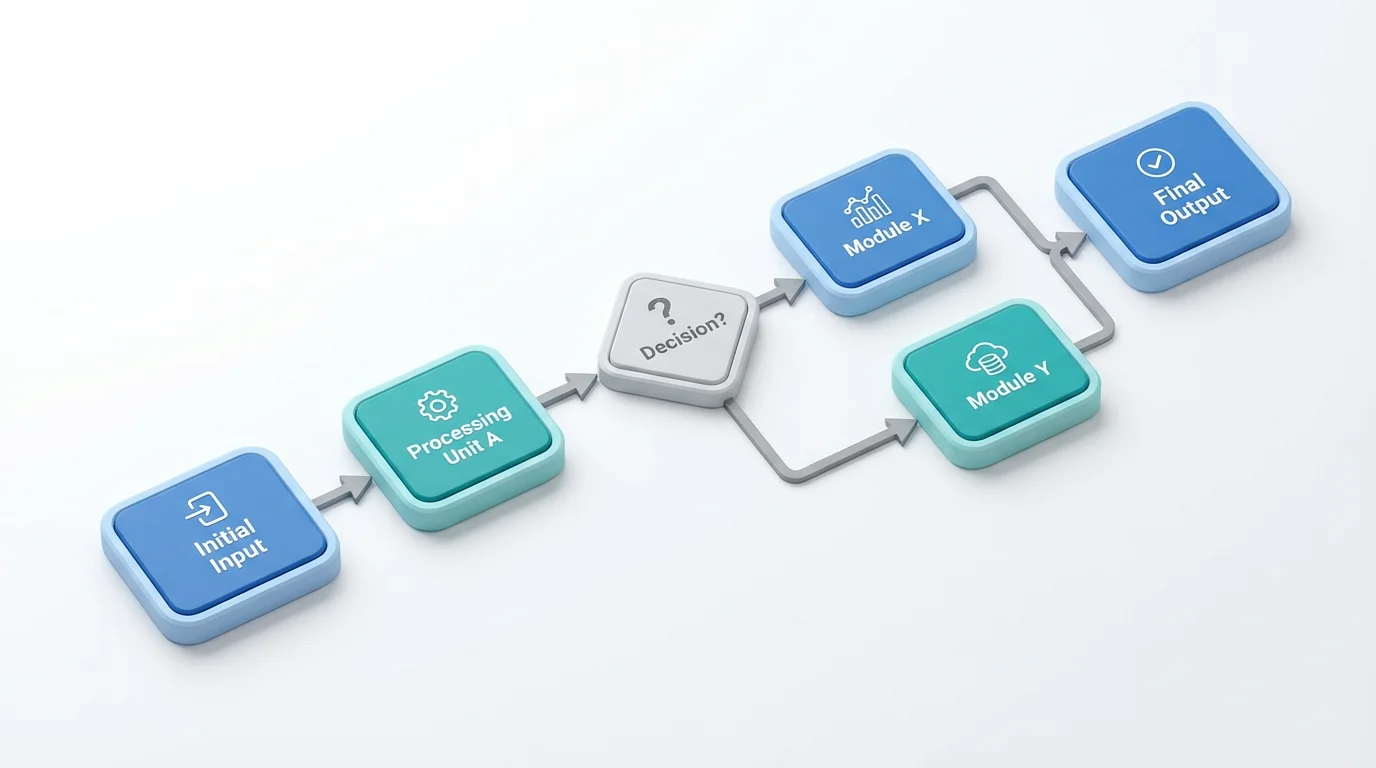 A modern, professional block diagram mockup illustrating a system with 'Initial Input', 'Processing Unit A', 'Module X', 'Module Y', and 'Final Output' on a clean white background.
