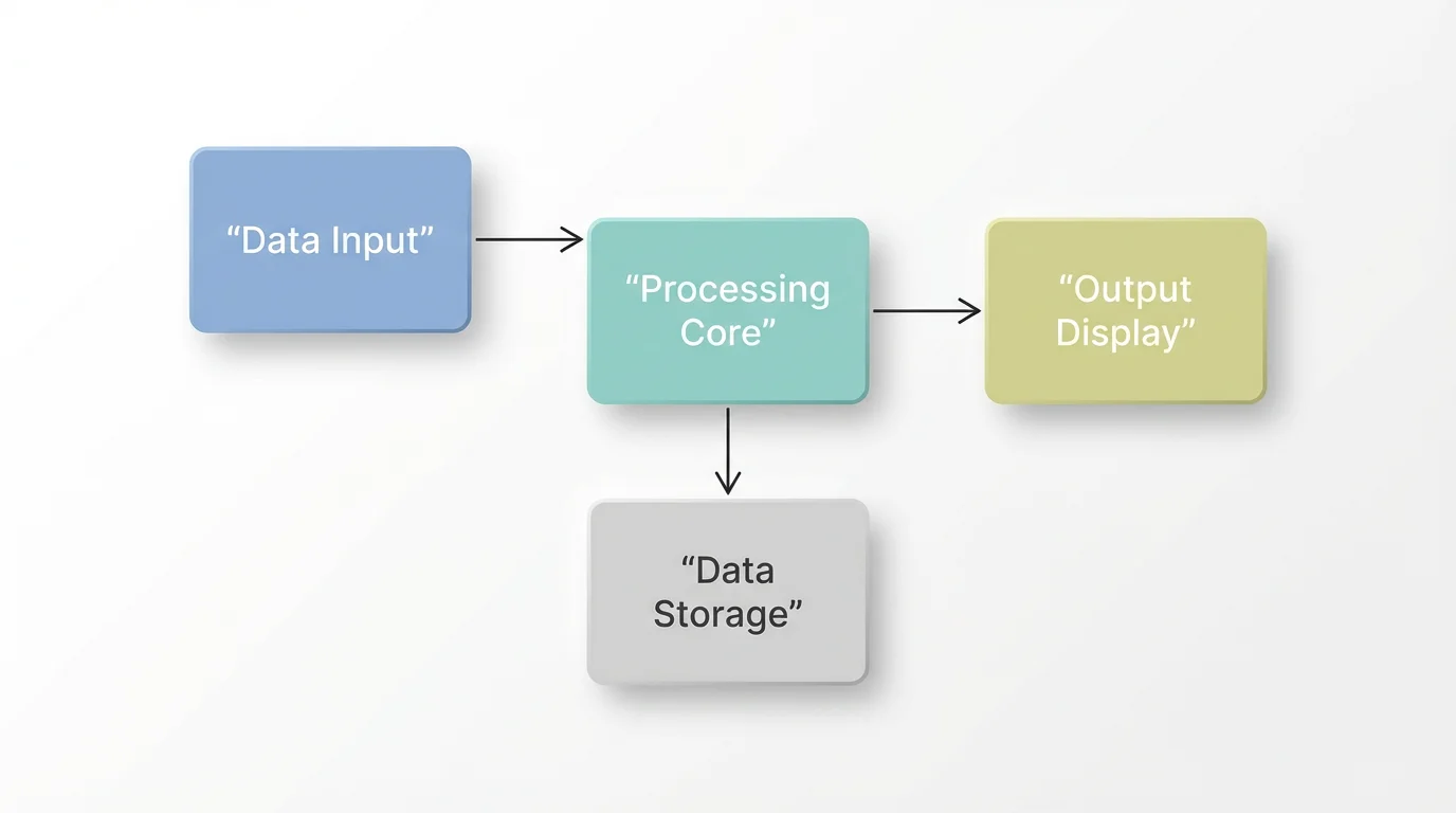 A modern and clean block diagram mockup showing a workflow with four colored blocks labeled 'Data Input', 'Processing Core', 'Data Storage', and 'Output Display', connected by arrows on a white background.
