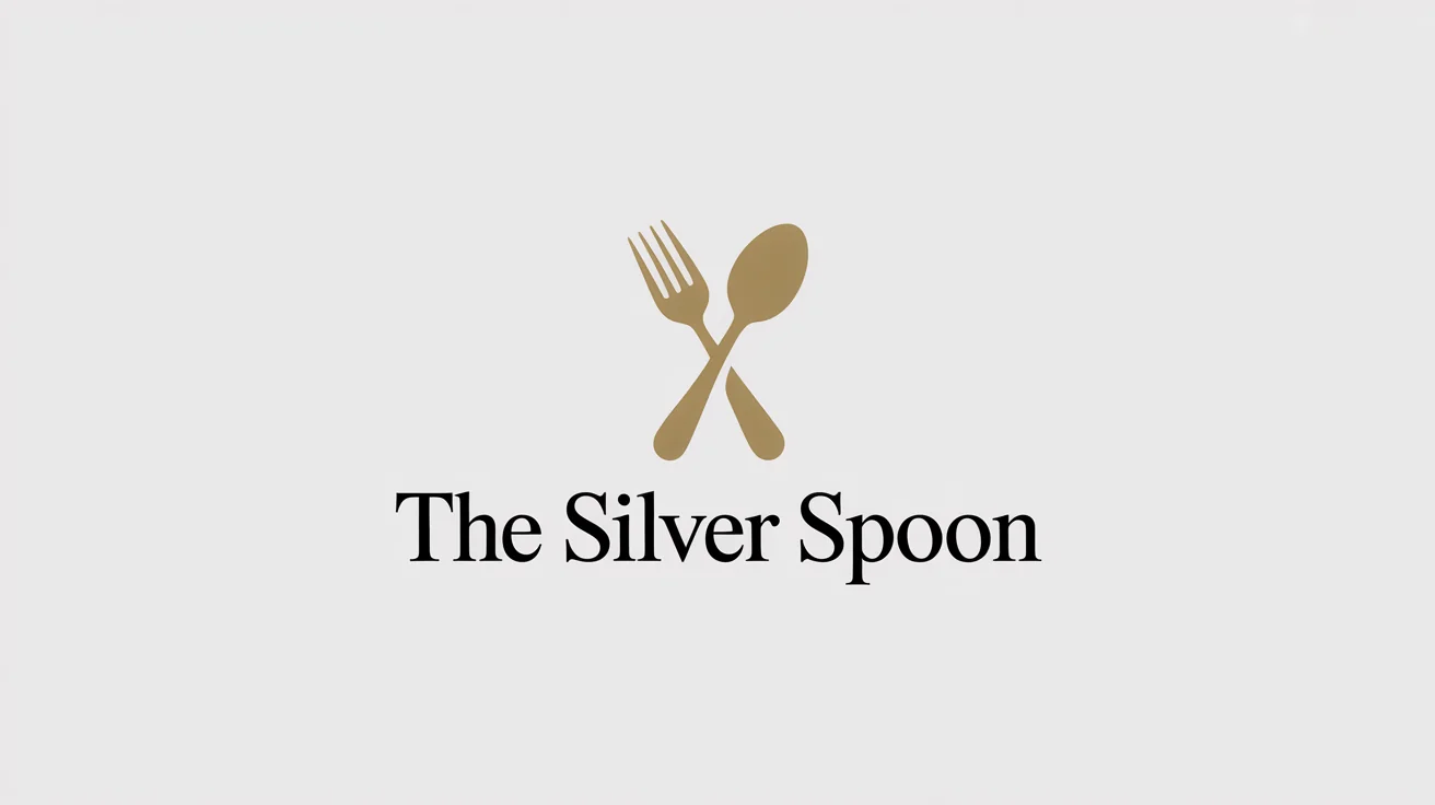 A modern and elegant logo mockup for a restaurant named 'The Silver Spoon', featuring a stylized golden fork and spoon on a white background.