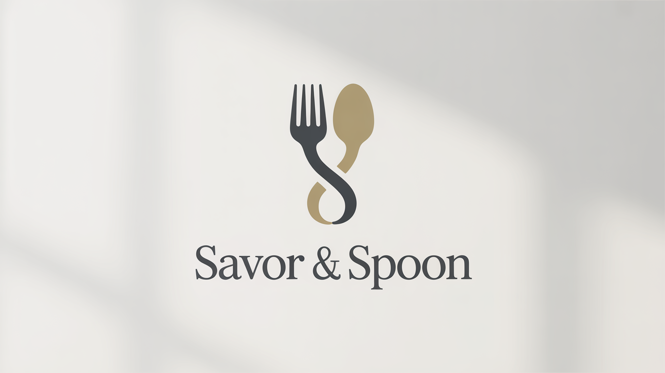 A modern logo for a food brand featuring an intertwined charcoal gray fork and gold spoon, with the text 'Savor & Spoon' below it on a white background.