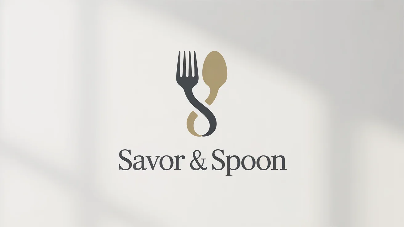 A modern logo for a food brand featuring an intertwined charcoal gray fork and gold spoon, with the text 'Savor & Spoon' below it on a white background.
