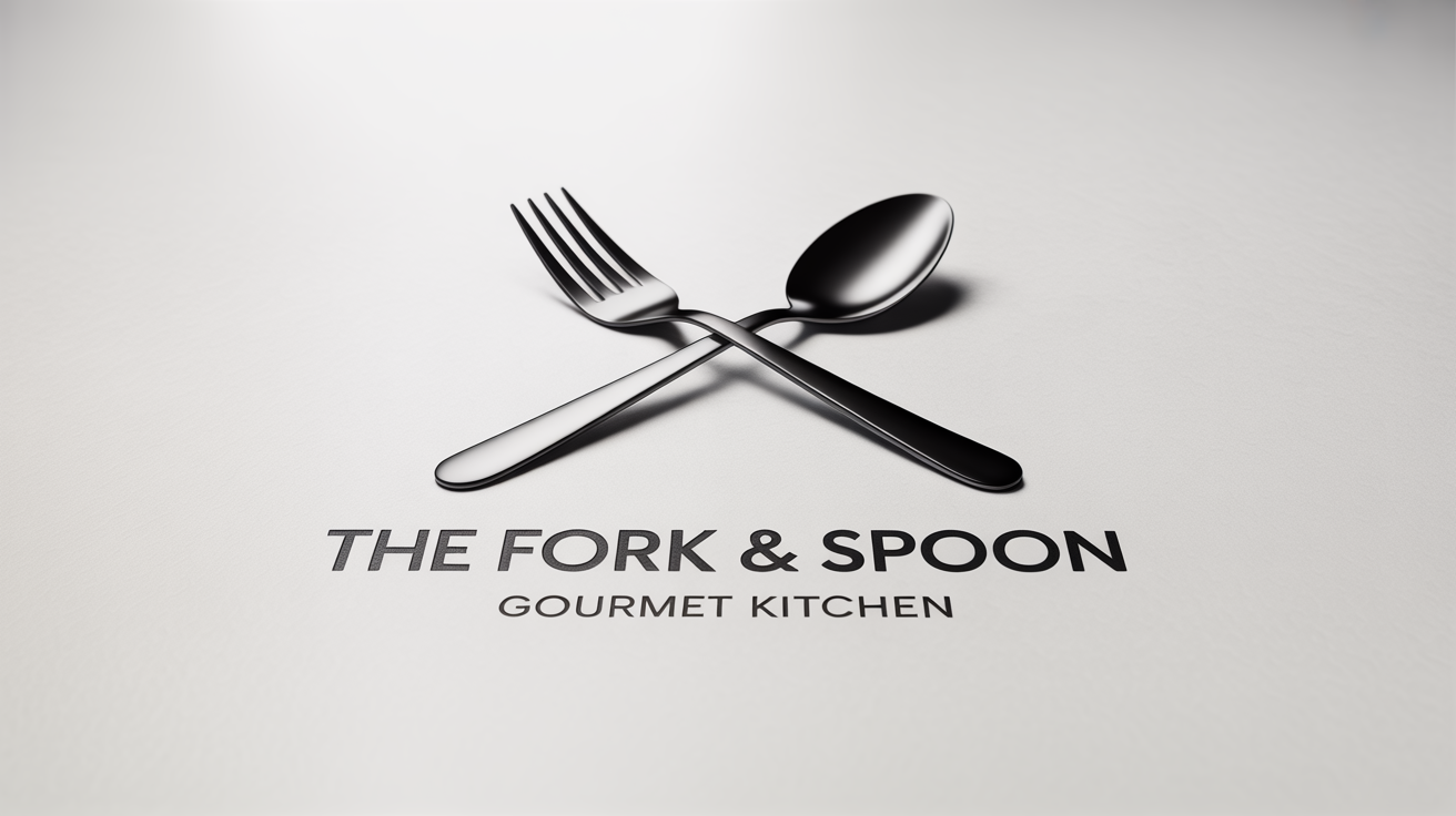A modern and minimalist logo mockup for a restaurant named 'The Fork & Spoon Gourmet Kitchen', featuring a crossed fork and spoon icon above the text, all in black on a white background.