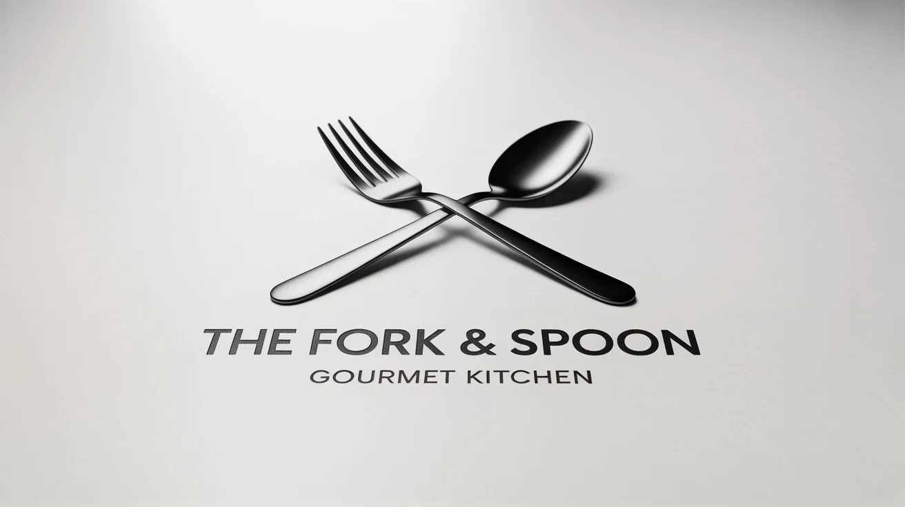 A modern and minimalist logo mockup for a restaurant named 'The Fork & Spoon Gourmet Kitchen', featuring a crossed fork and spoon icon above the text, all in black on a white background.