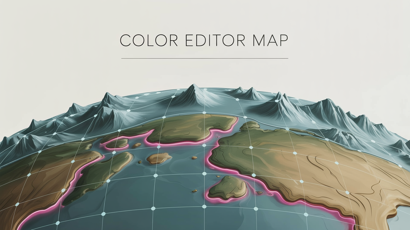 A stylized world map with a futuristic color scheme, the result of a map color editor. The land is dark grey, oceans are neon pink, and mountains are silver, against a clean background.