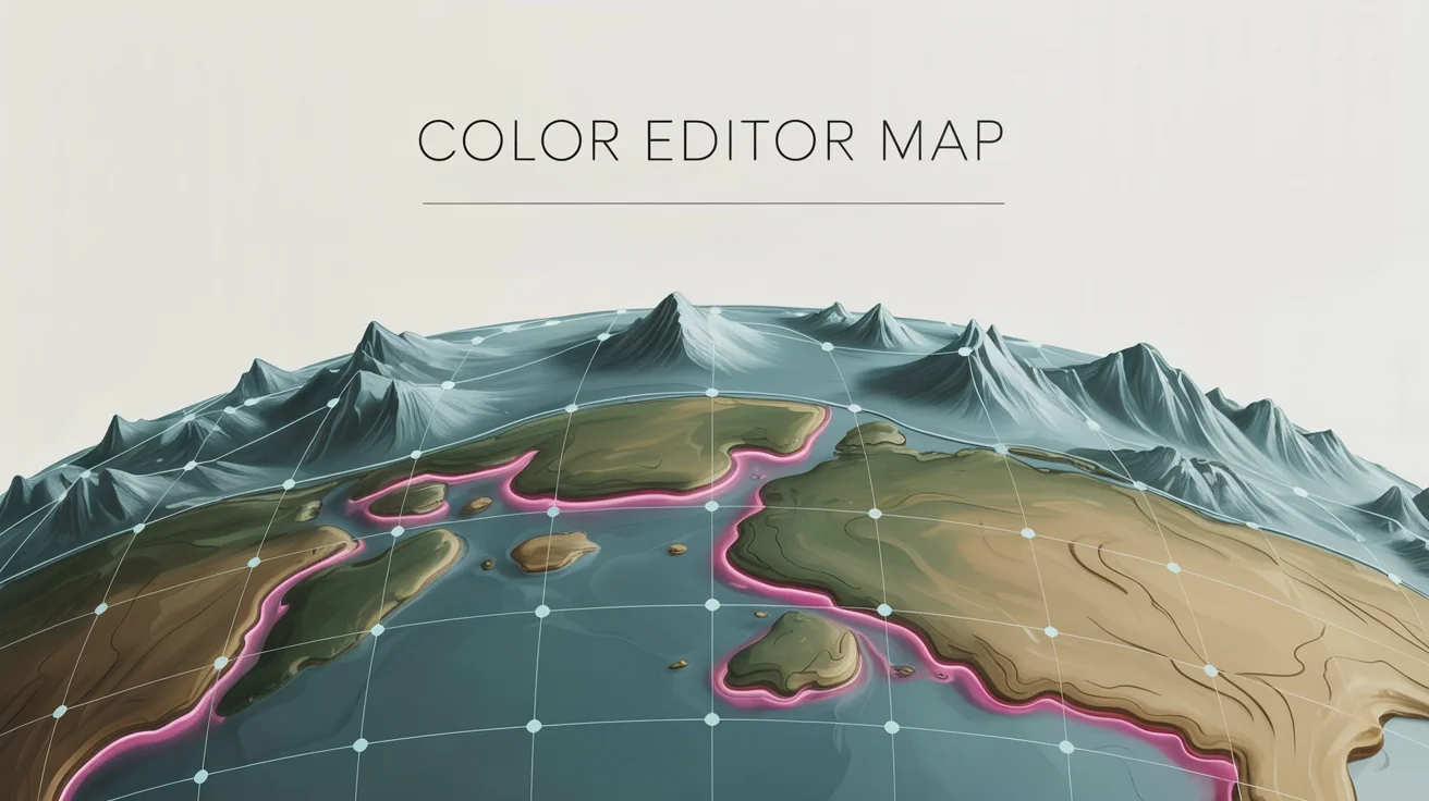 A stylized world map with a futuristic color scheme, the result of a map color editor. The land is dark grey, oceans are neon pink, and mountains are silver, against a clean background.