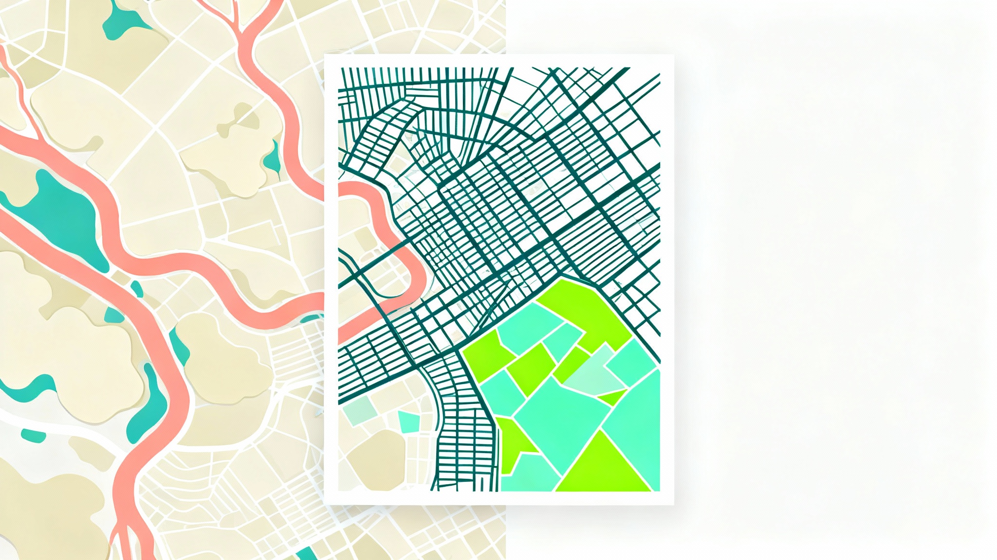 A stylized, abstract city map with a unique color scheme, showing coral pink water, teal streets, and mint green parks on a white background, illustrating a map color editor.