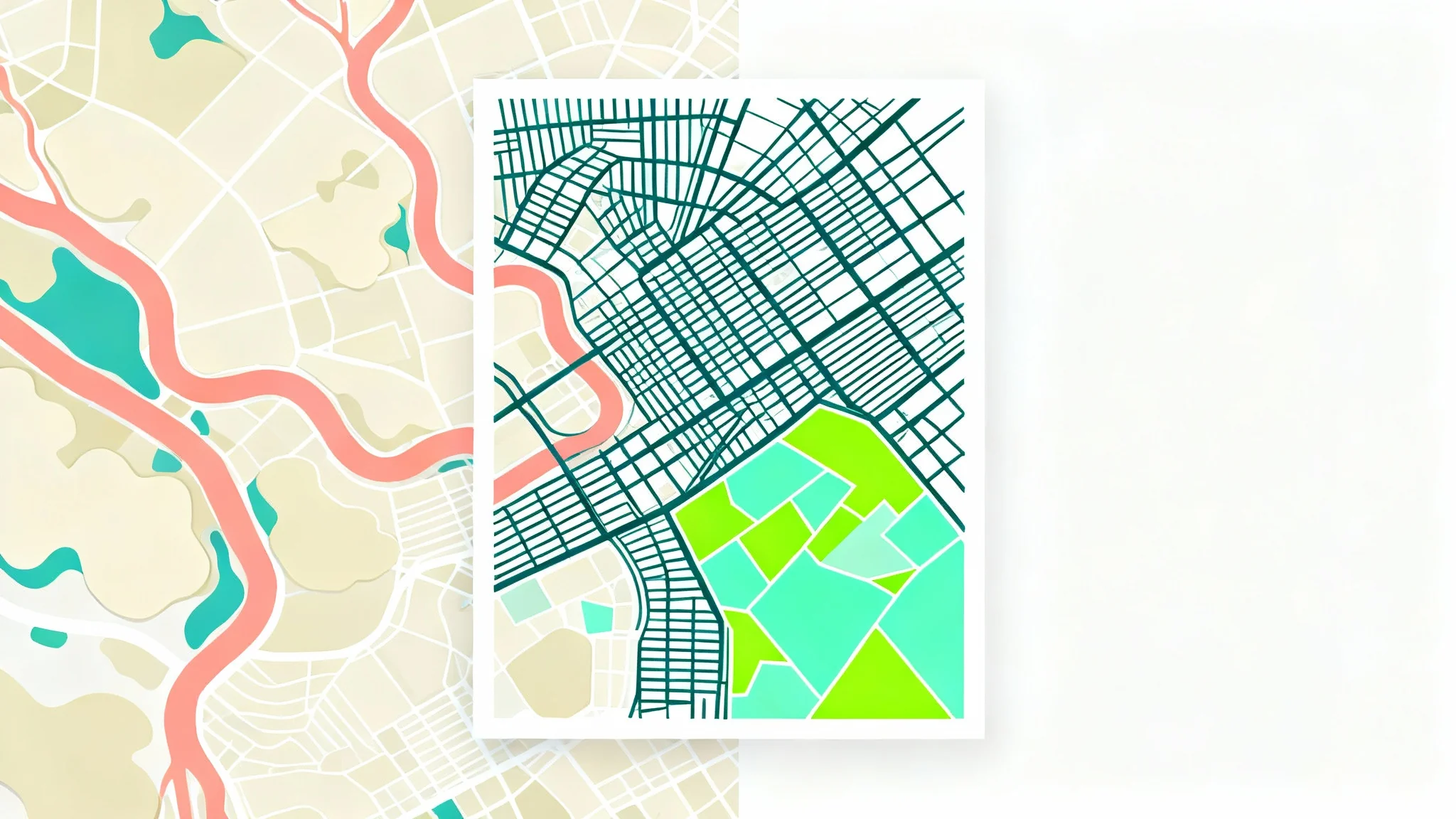 A stylized, abstract city map with a unique color scheme, showing coral pink water, teal streets, and mint green parks on a white background, illustrating a map color editor.