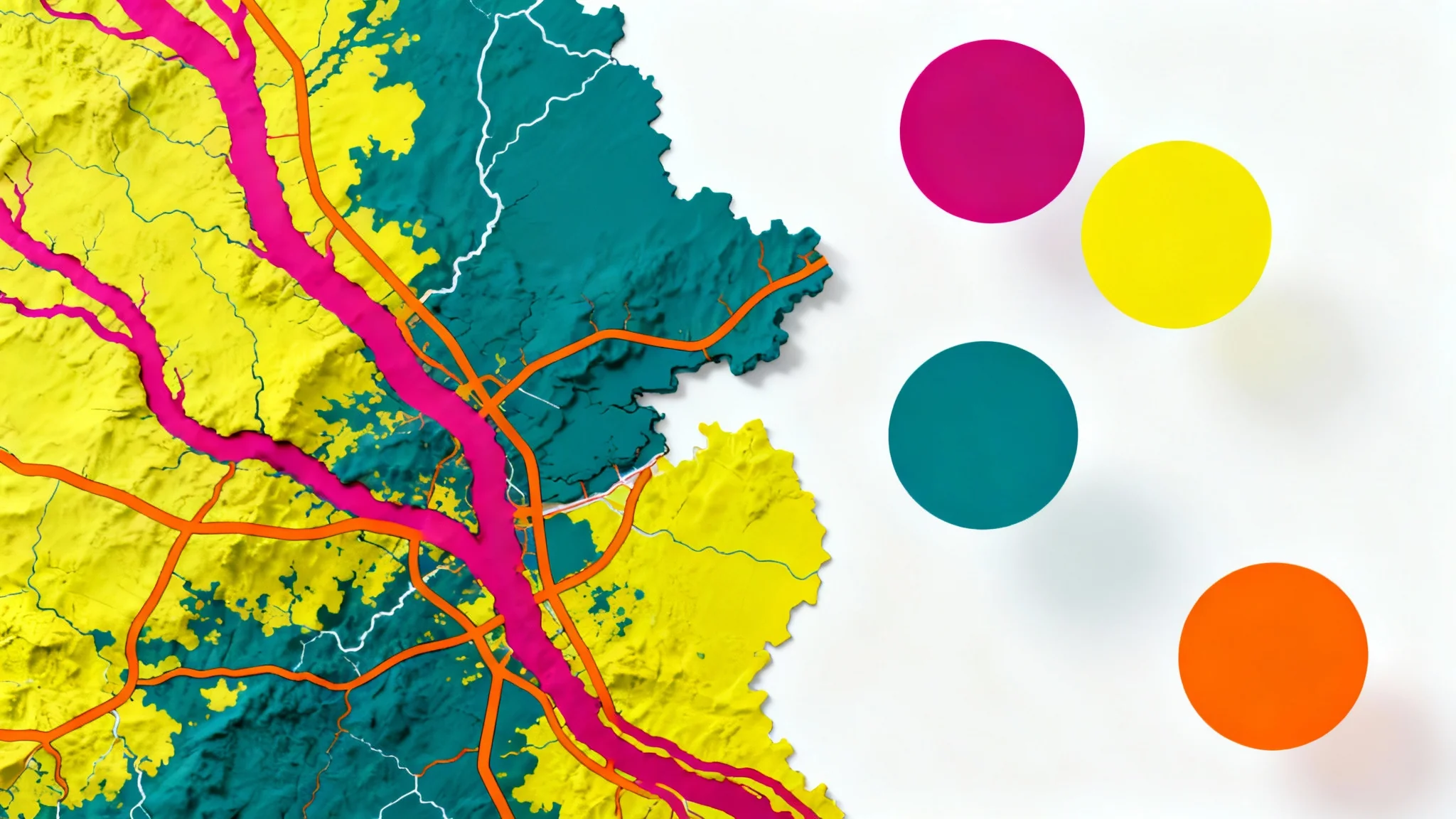 A stylized, abstract map showcasing a vibrant and unique color palette of magenta rivers, teal and yellow land, and orange roads. Corresponding color swatches float beside it, illustrating the concept of a map color editor.