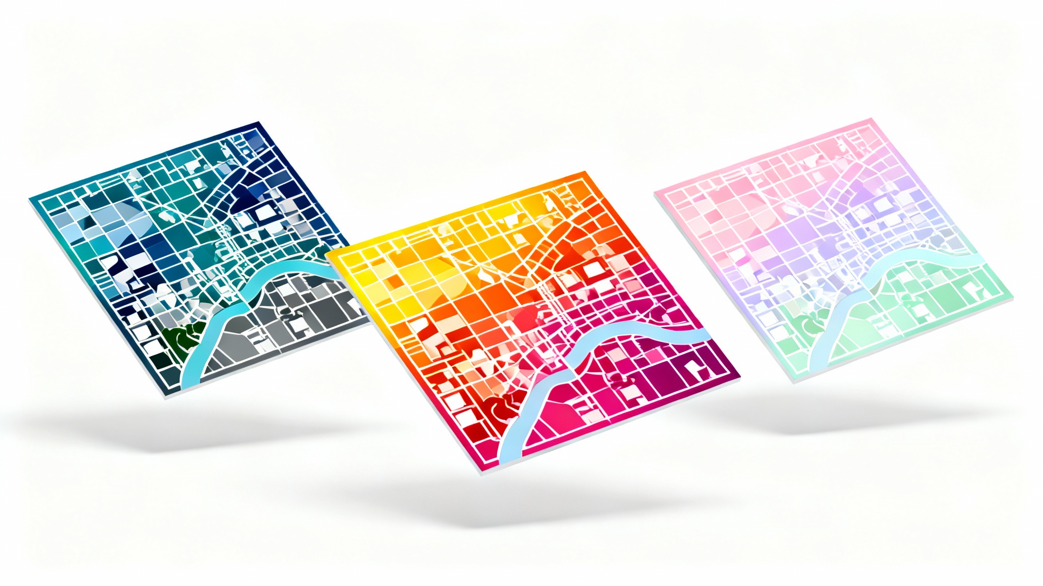 Three stylized vector maps of the same fictional city, each displayed with a different vibrant color palette, one cool, one warm, and one pastel against a white background, illustrating map color customization.
