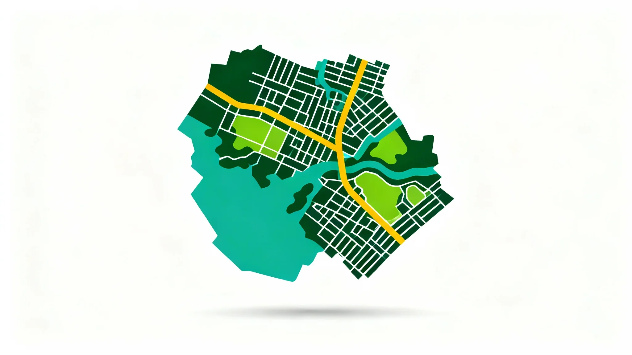 A stylized map of a region with a custom color palette, showing green land, teal water, and bright yellow roads, presented as a clean mockup on a white background.