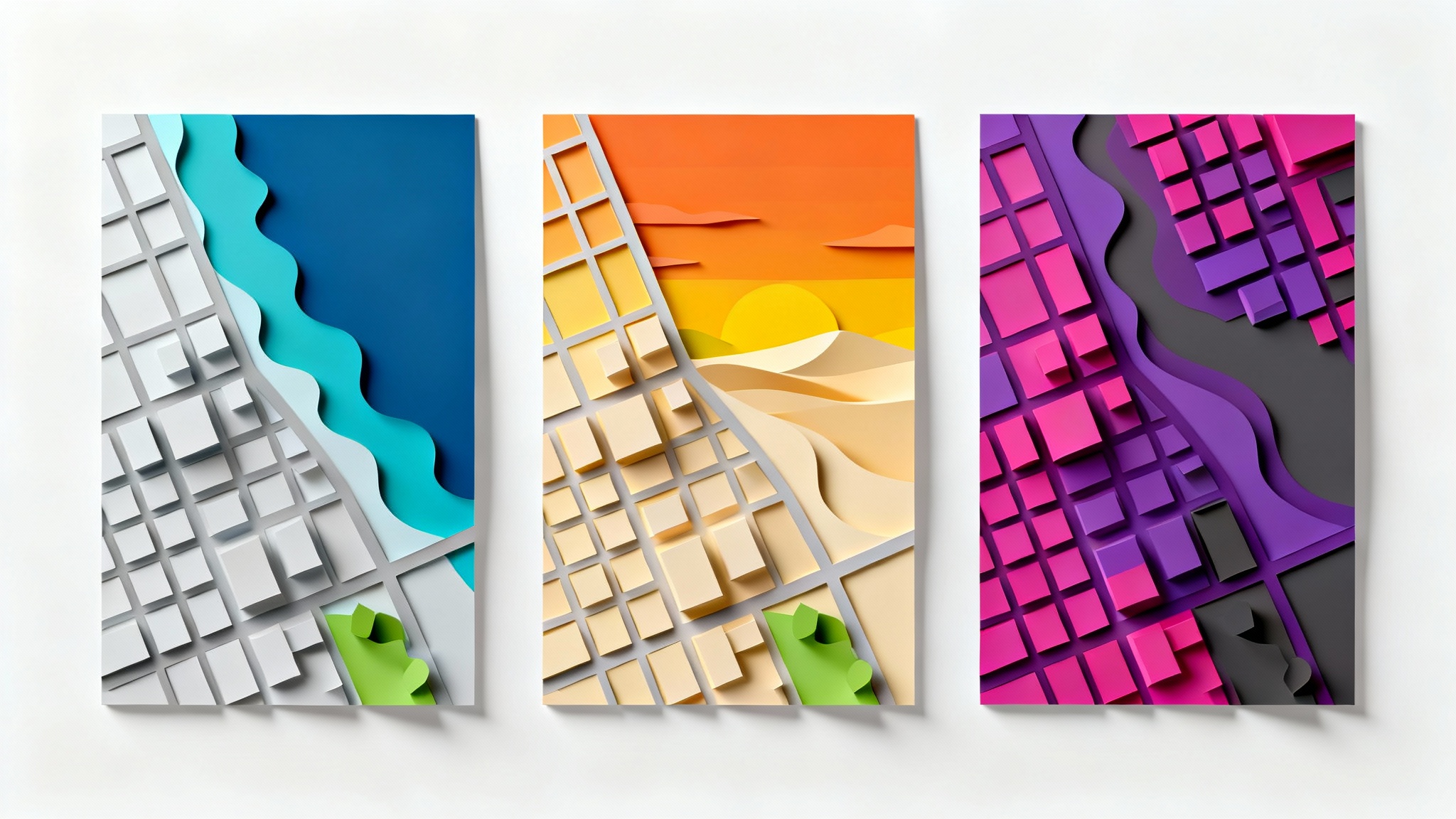 A stylized vector map of a city displayed in three different beautiful color palettes, one blue, one orange, and one magenta to demonstrate a map color editor.