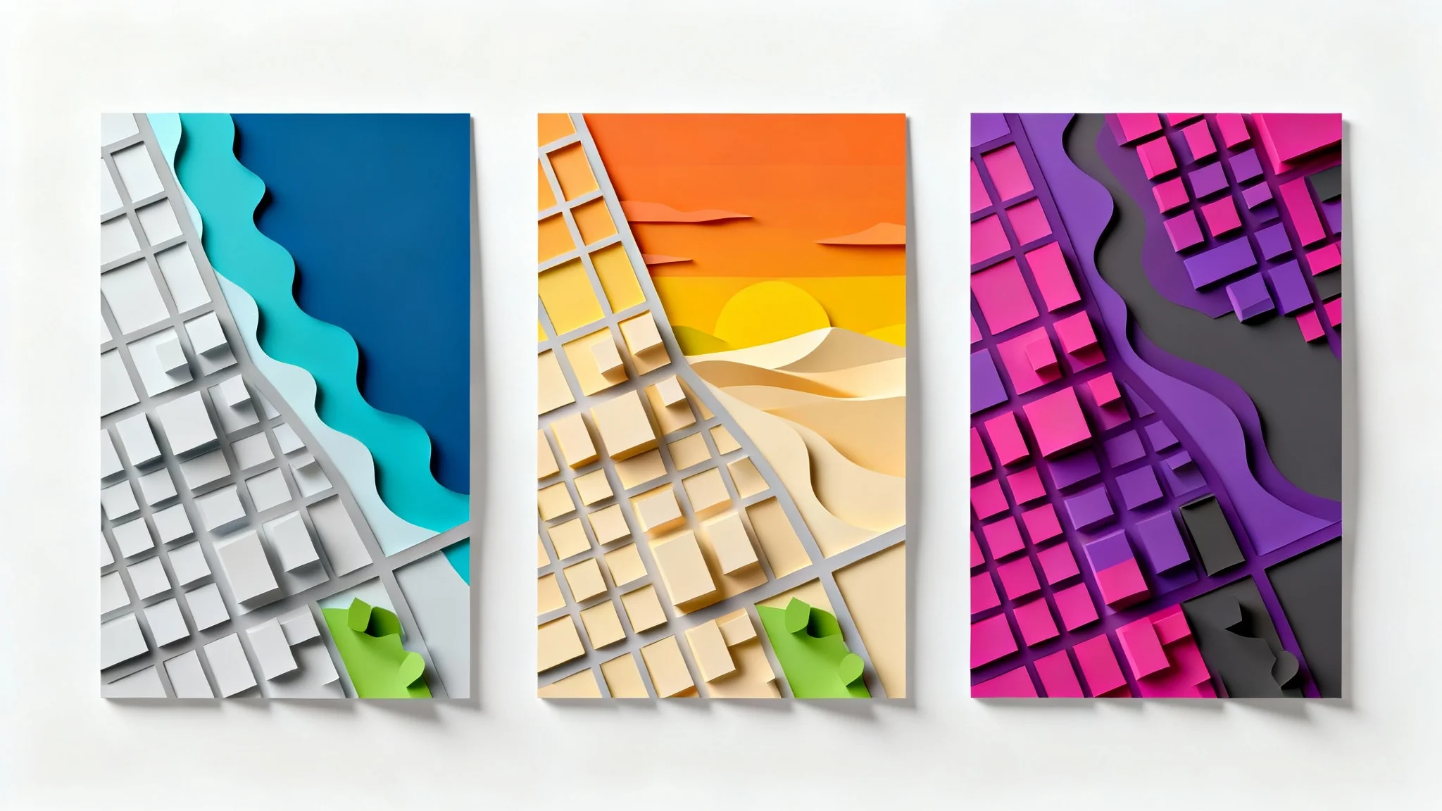 A stylized vector map of a city displayed in three different beautiful color palettes, one blue, one orange, and one magenta to demonstrate a map color editor.