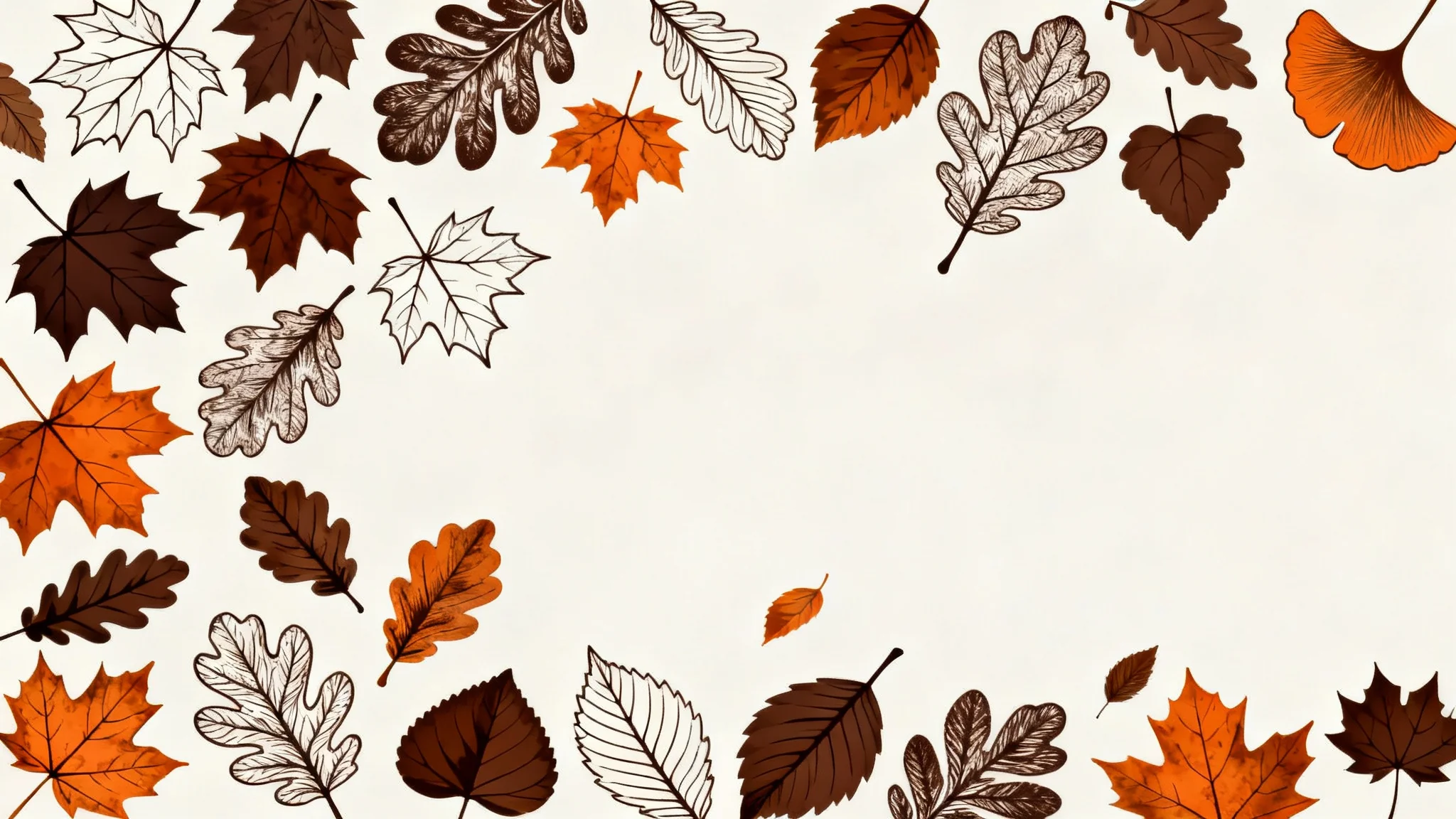 A professionally designed graphic showing various autumn leaf outlines, including maple and oak, scattered elegantly on a clean, light background.