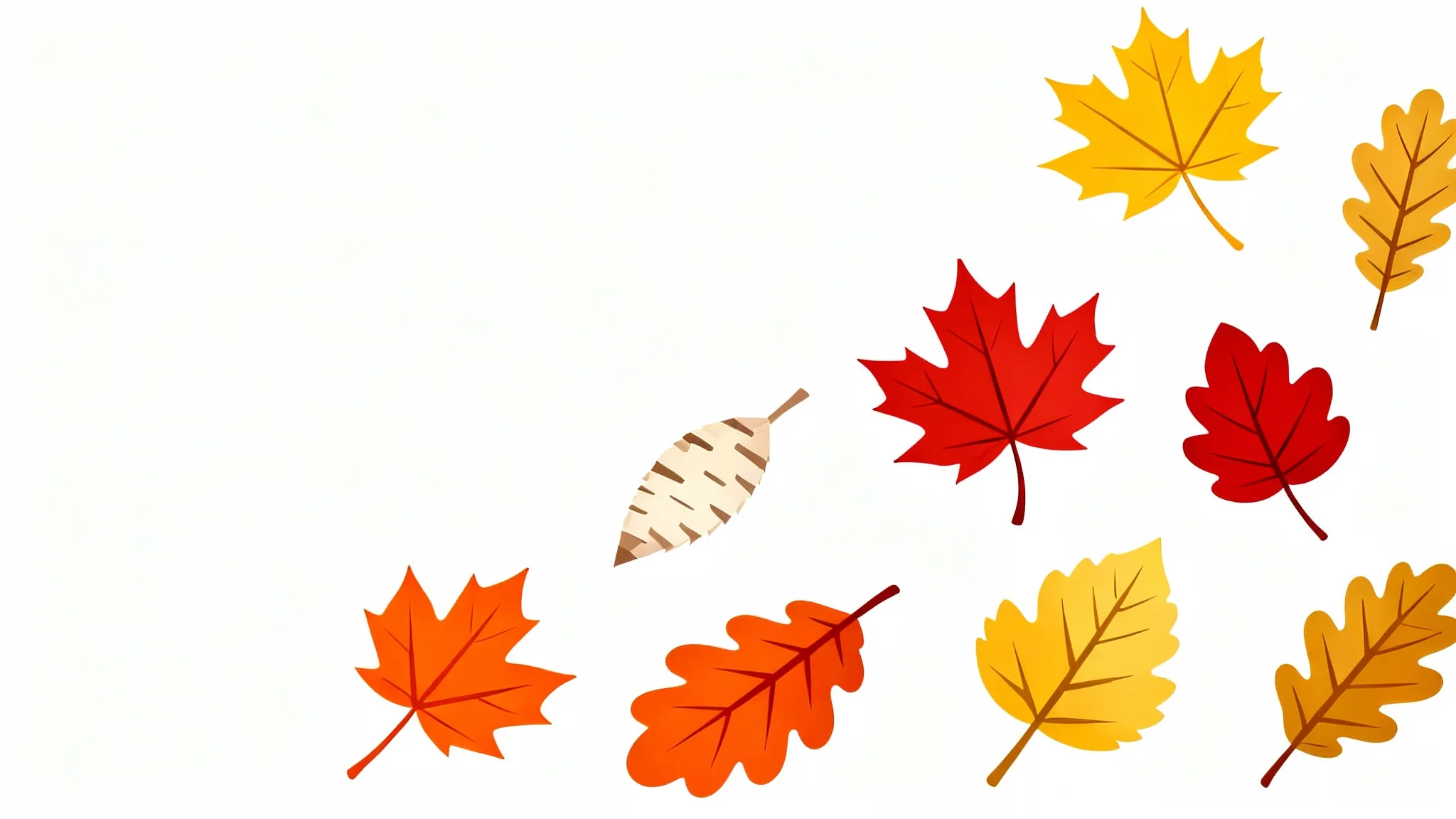 A modern graphic illustration of three autumn leaf outlines, maple, oak, and birch in red, orange, and yellow on a plain white background.