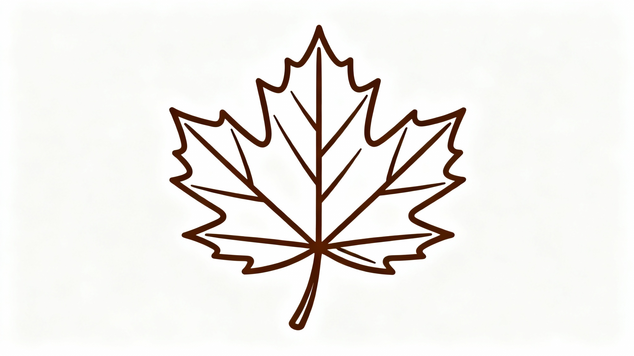 A minimalist graphic illustration of a single maple leaf outline in dark brown, centered on a clean white background.