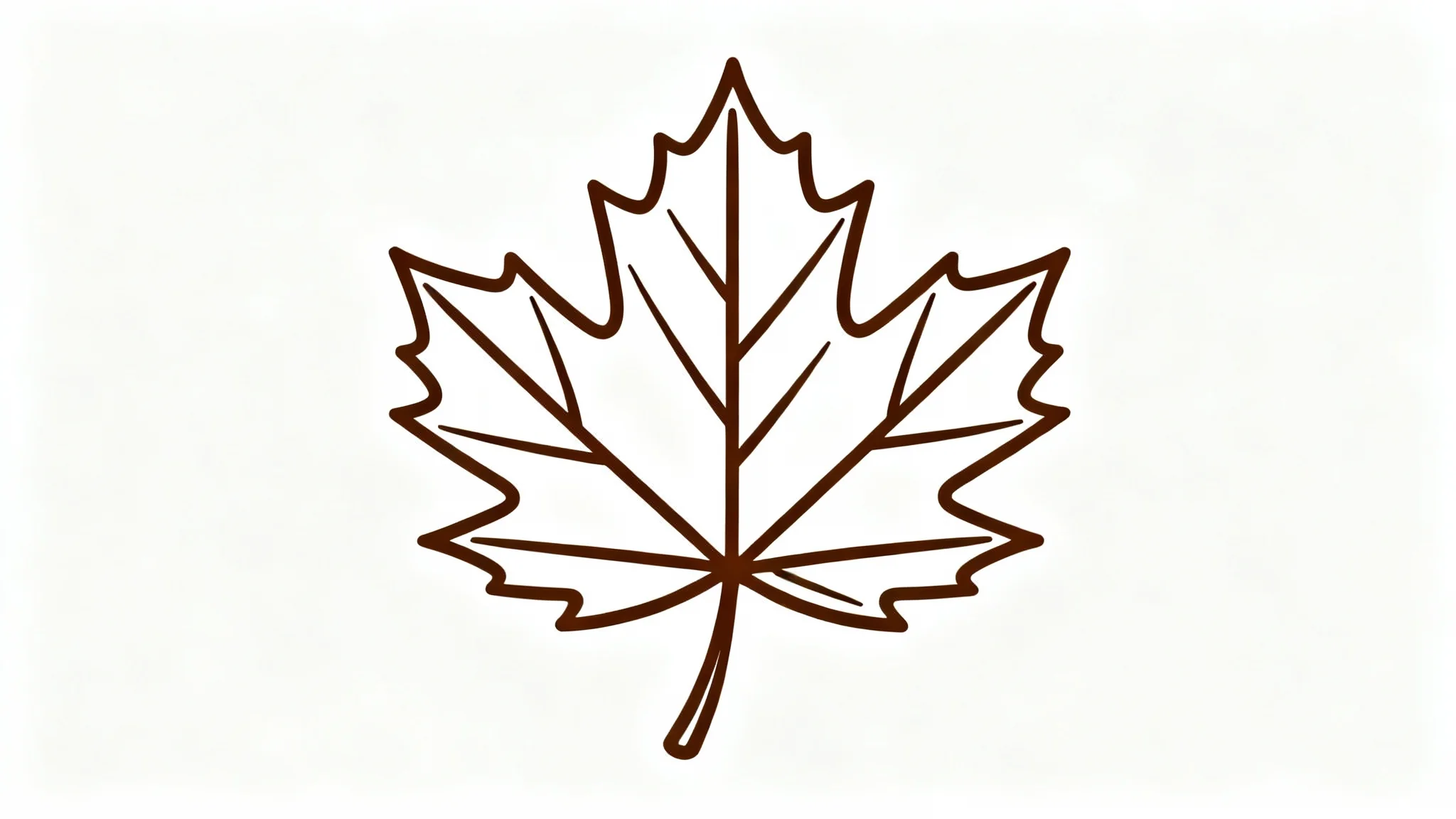 A minimalist graphic illustration of a single maple leaf outline in dark brown, centered on a clean white background.