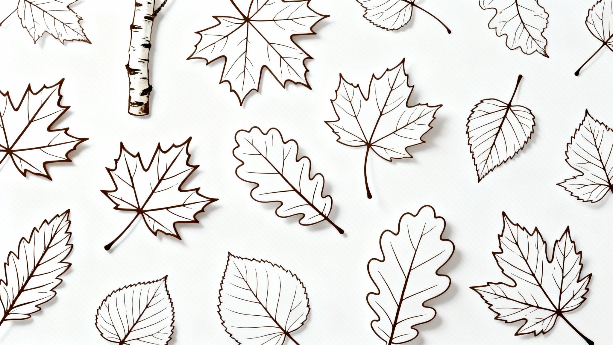 A minimalist top-down view of several autumn leaf outlines, such as maple and oak, in a dark brown line art style, scattered on a plain white background.