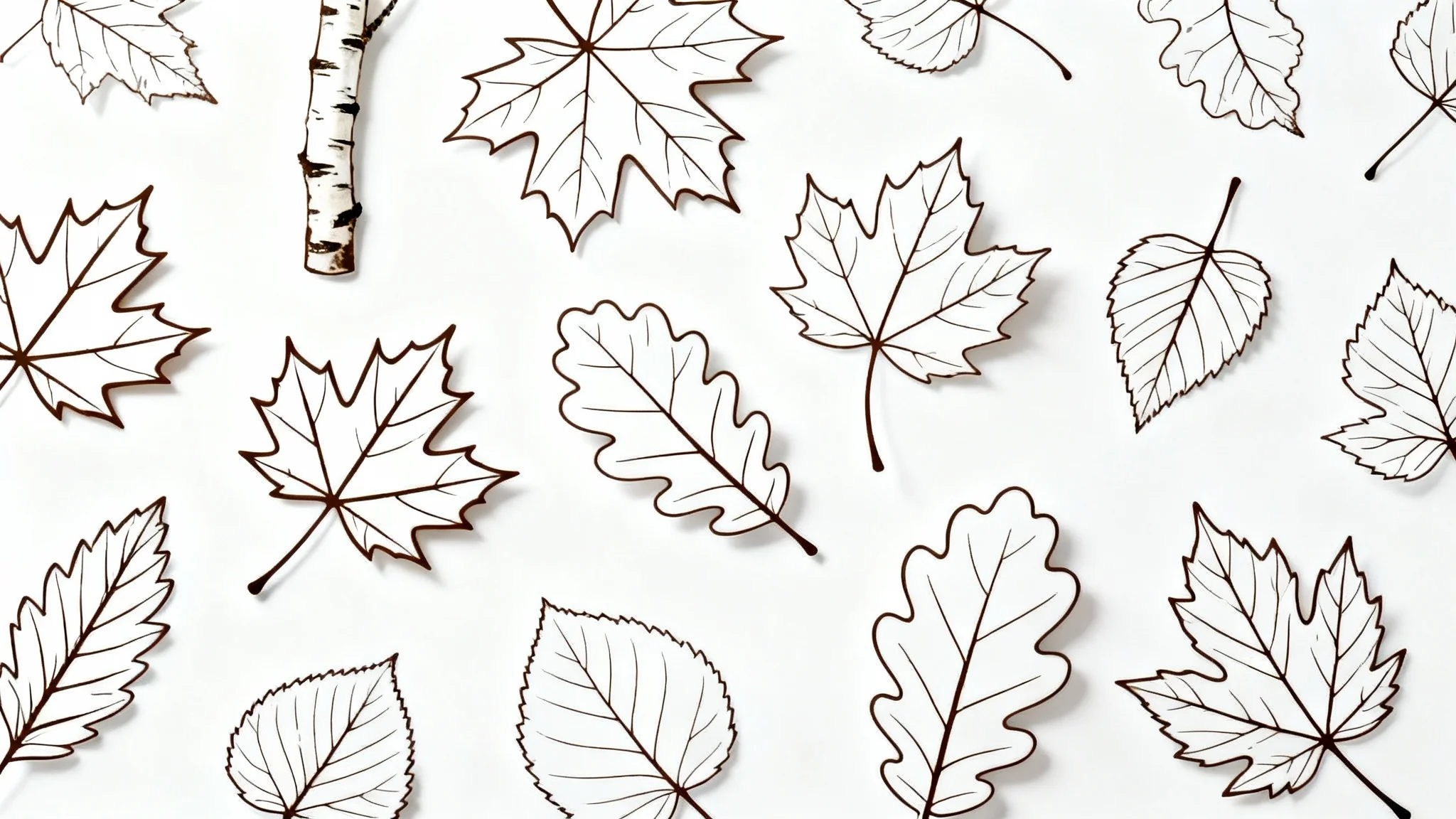 A minimalist top-down view of several autumn leaf outlines, such as maple and oak, in a dark brown line art style, scattered on a plain white background.