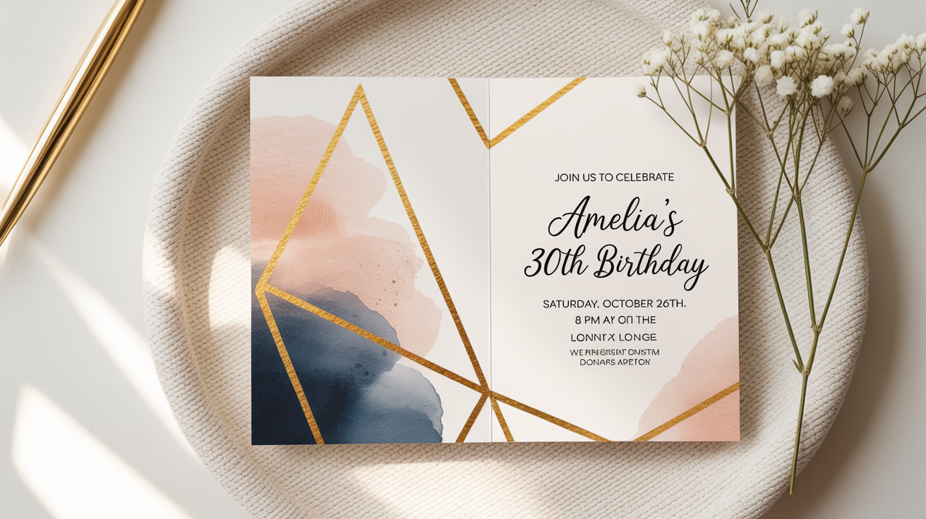 An elegant 30th birthday invitation card with gold foil accents and blush pink watercolor details, displayed in a flat lay style on a clean background.