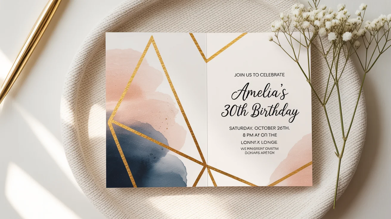 An elegant 30th birthday invitation card with gold foil accents and blush pink watercolor details, displayed in a flat lay style on a clean background.