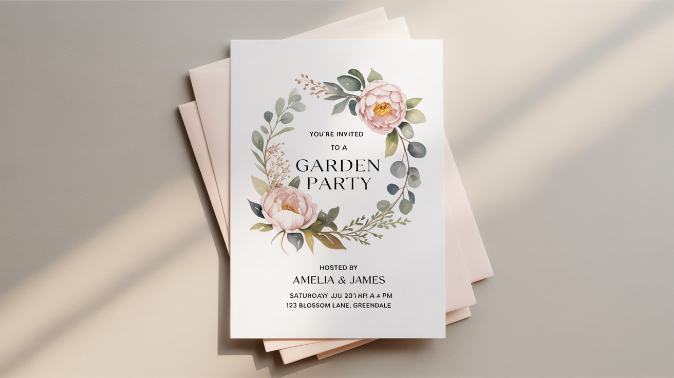 An elegant garden party invitation card mockup on a white background, featuring floral watercolor illustrations and sophisticated typography with event details.