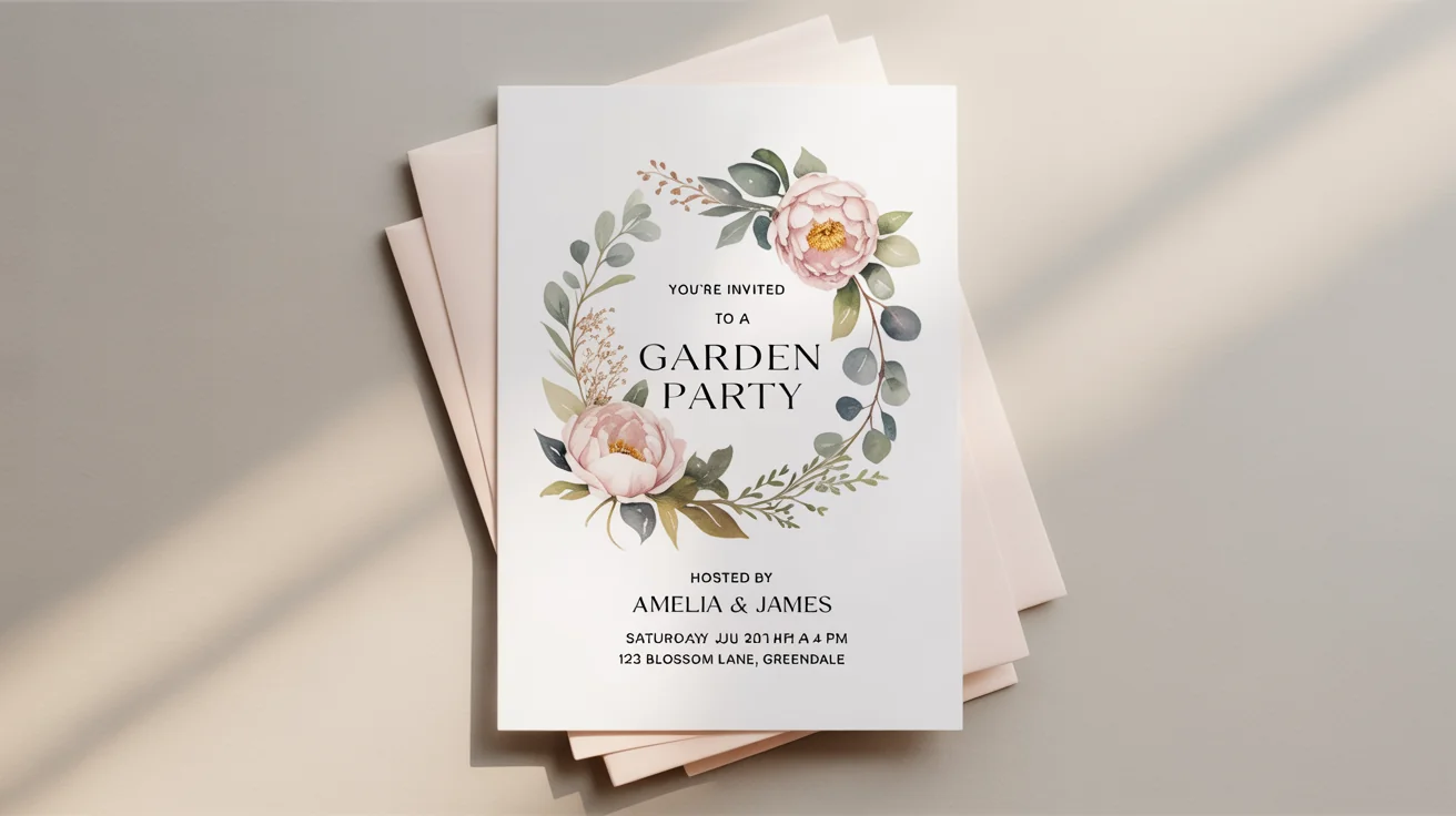 An elegant garden party invitation card mockup on a white background, featuring floral watercolor illustrations and sophisticated typography with event details.