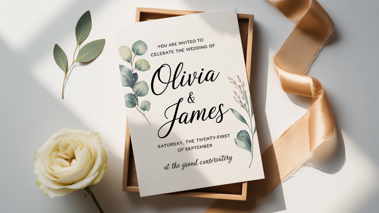 A close-up of a beautifully designed wedding invitation for 'Olivia & James' lying on a clean white surface, decorated with a silk ribbon and eucalyptus leaves.