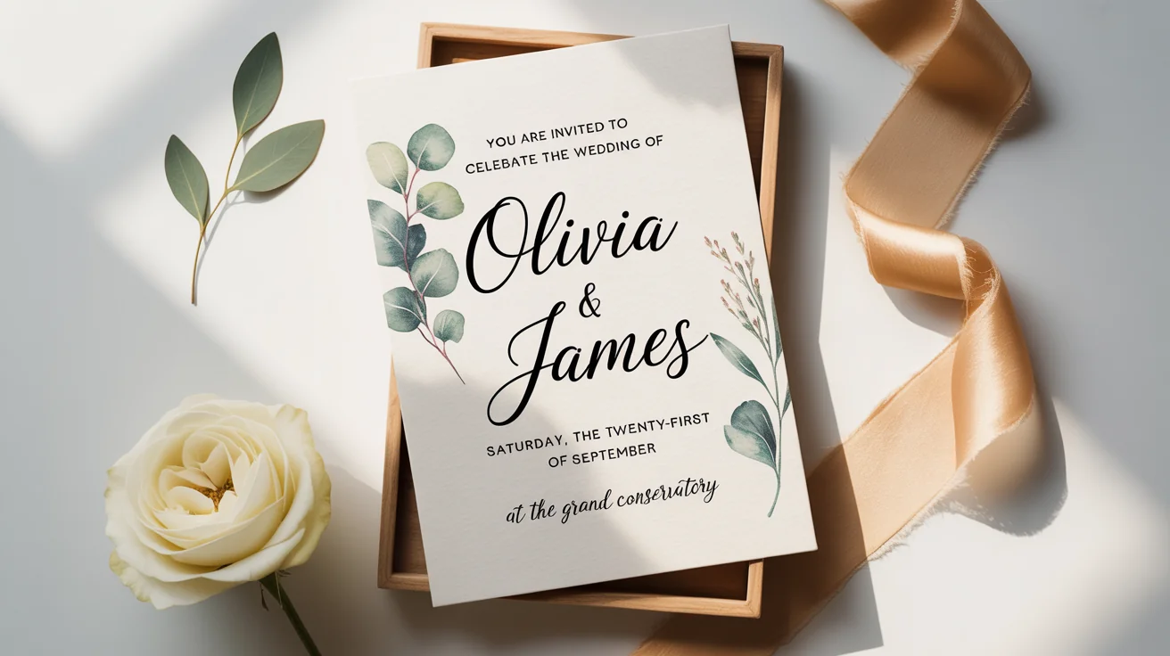 A close-up of a beautifully designed wedding invitation for 'Olivia & James' lying on a clean white surface, decorated with a silk ribbon and eucalyptus leaves.