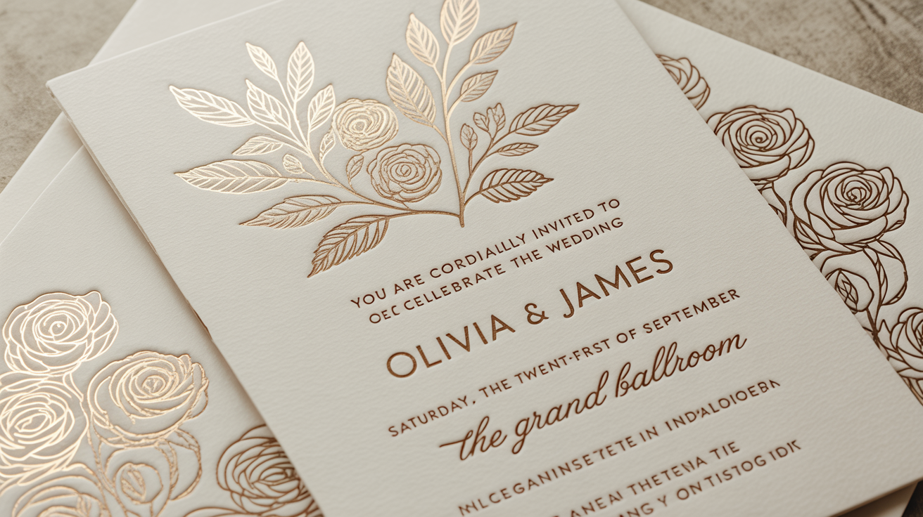 A photorealistic mockup of a luxurious wedding invitation card for 'Olivia & James' with gold foil text, displayed on a clean white background.