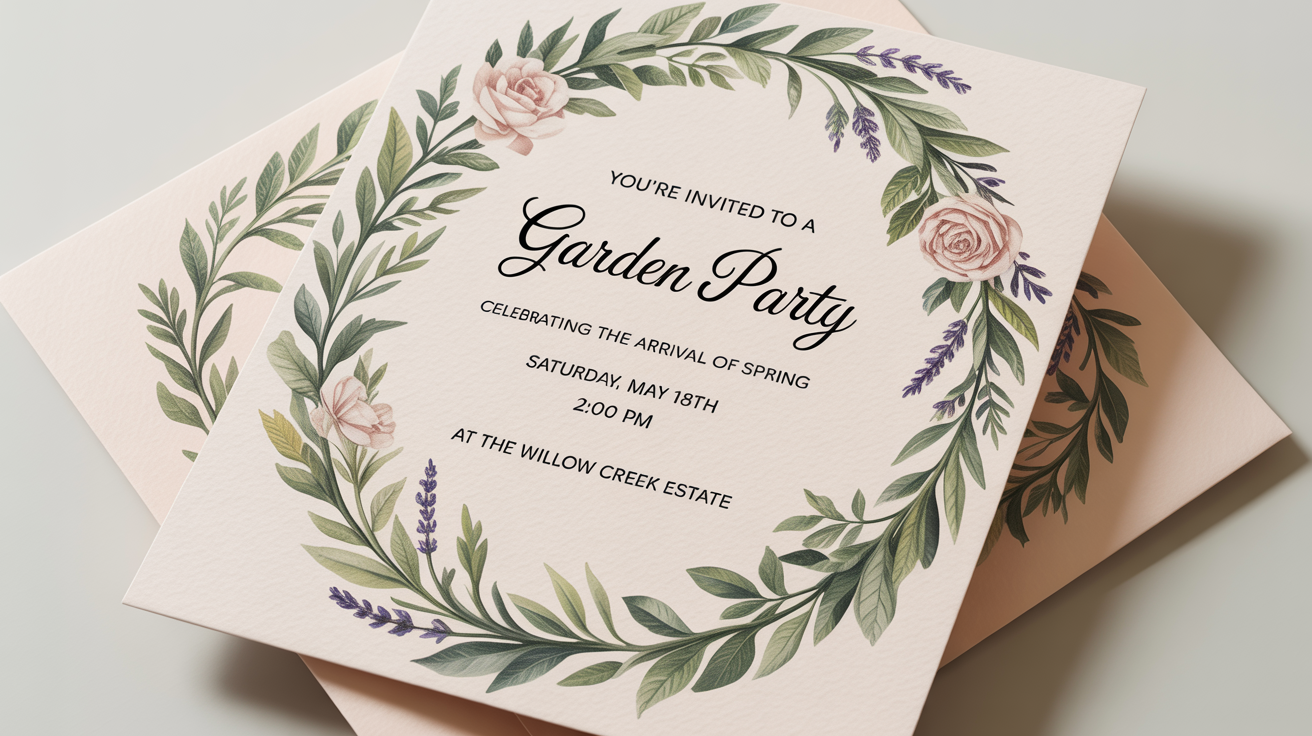 A modern and elegant invitation card for a garden party, displayed on a clean white background. The card features botanical illustrations and stylish typography.
