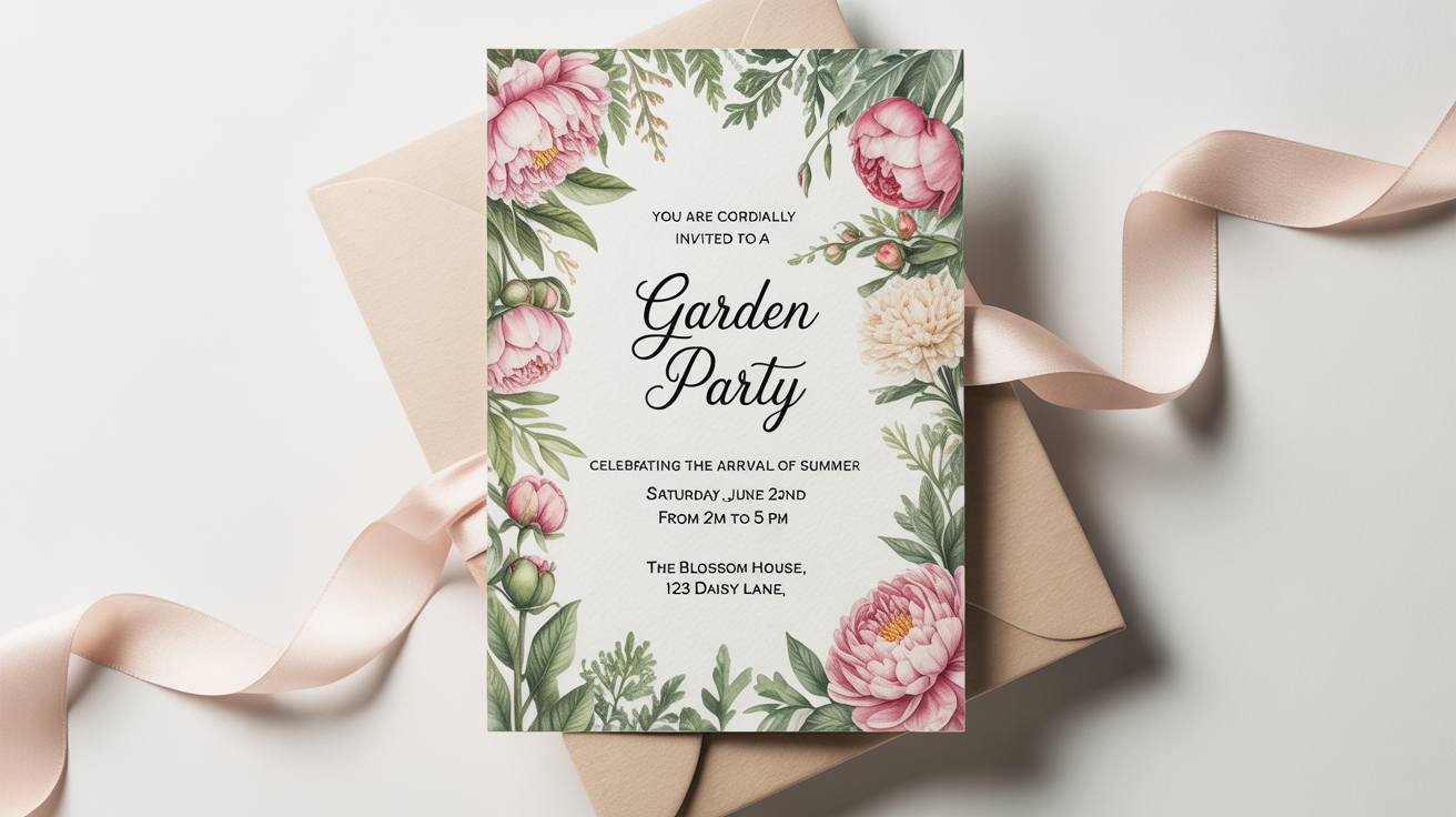 A top-down view of an elegant garden party invitation card mockup on a white background, featuring watercolor flowers and sophisticated typography, with a pink ribbon tied around it.