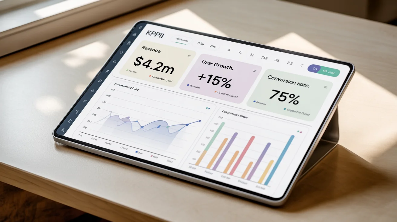 A hero image showcasing a polished, modern KPI dashboard design as a final product. The light-themed interface features colorful charts, graphs, and large-print numbers representing key business metrics, all presented in a sleek, professional mockup.