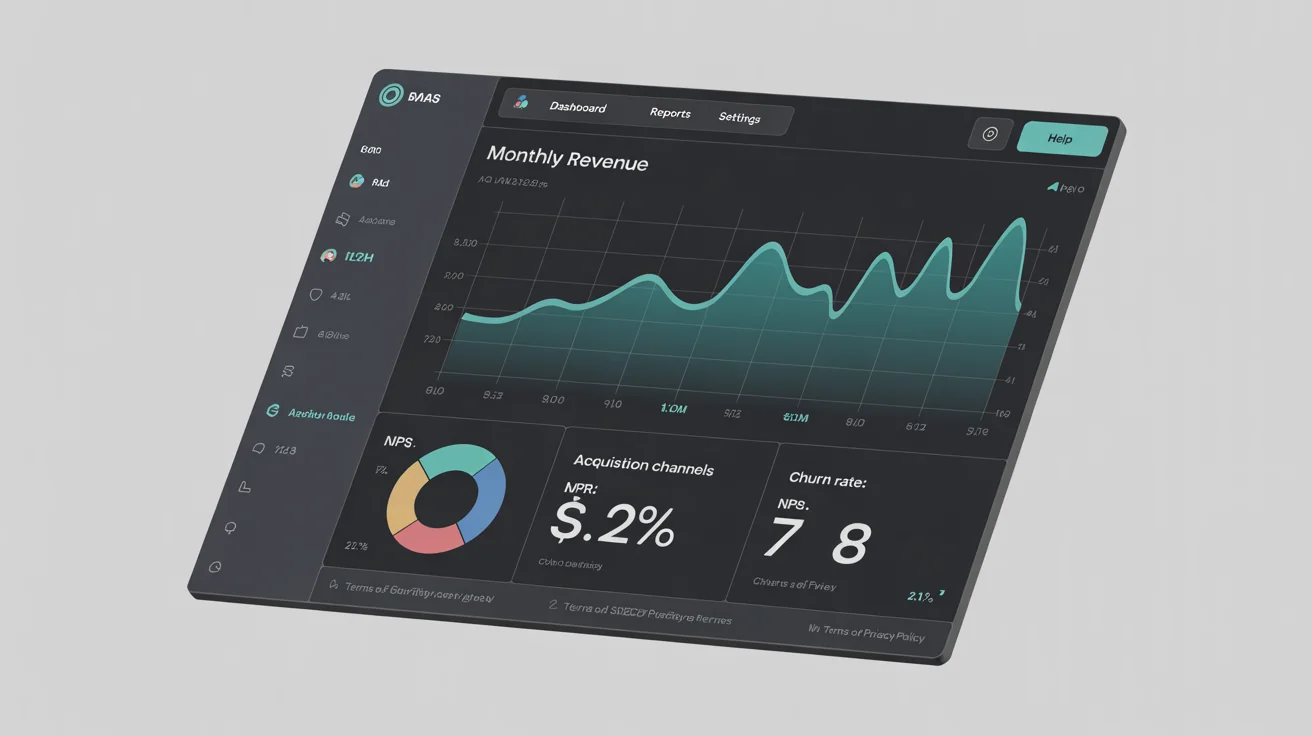 A modern dark-mode KPI dashboard mockup showing business performance metrics, including charts for revenue growth and customer acquisition, displayed against a clean white background.
