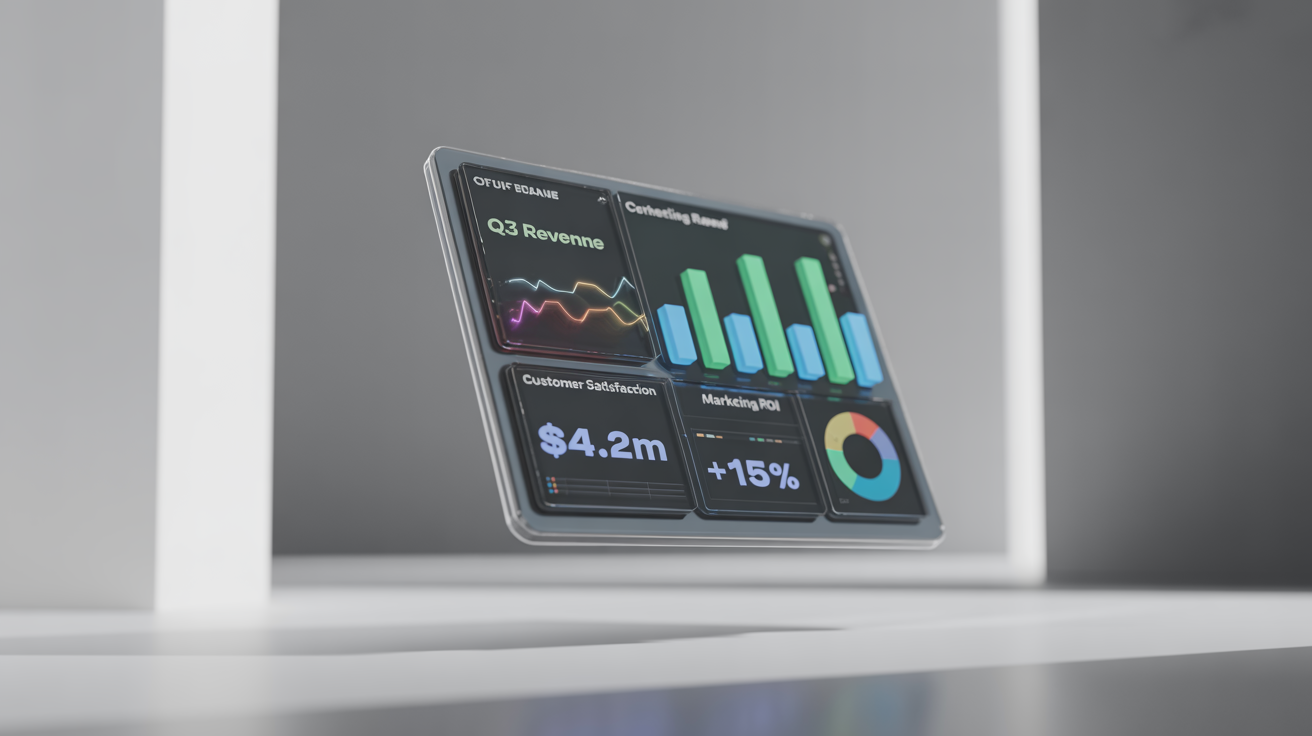 A mockup of a futuristic, high-tech KPI dashboard with glowing 3D charts and graphs displaying business metrics, floating against a solid white background.