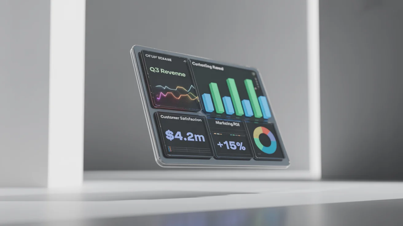 A mockup of a futuristic, high-tech KPI dashboard with glowing 3D charts and graphs displaying business metrics, floating against a solid white background.