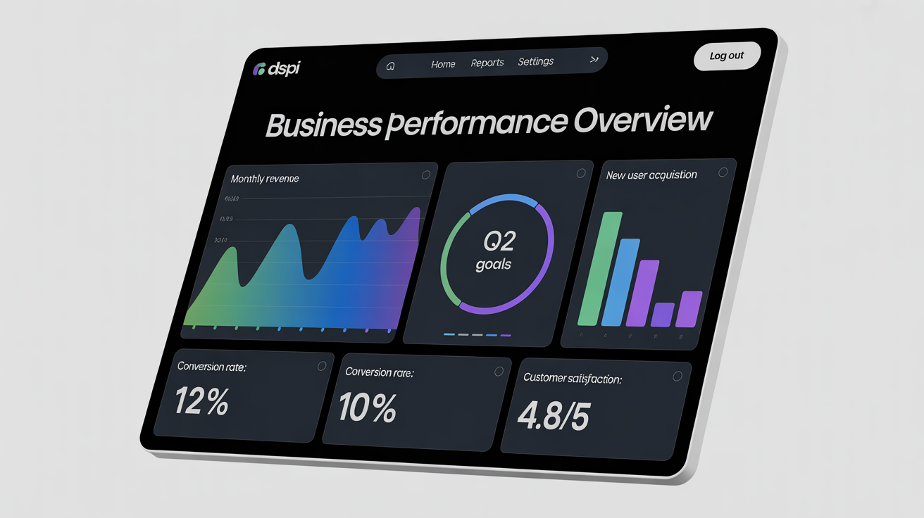 A modern, dark-themed KPI dashboard mockup displaying business performance metrics with glowing charts and graphs, presented at an angle on a white background.