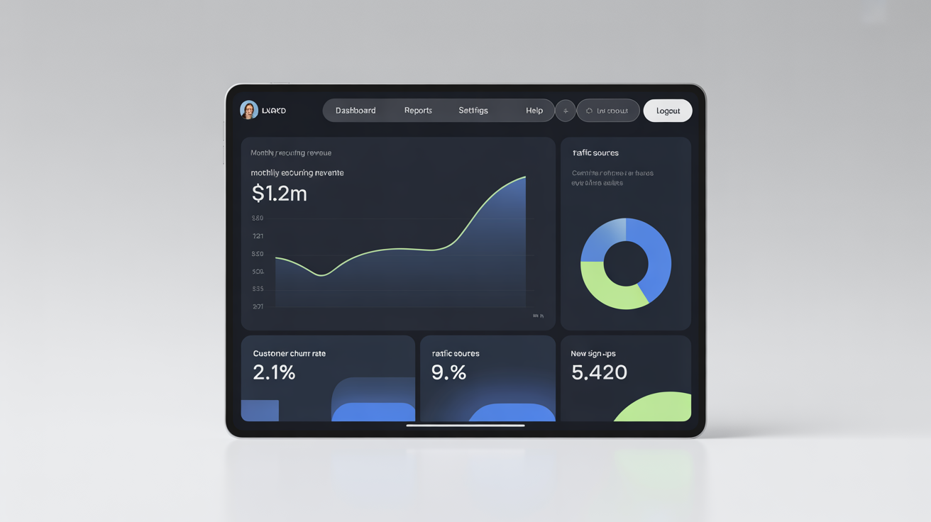 A modern KPI dashboard on a tablet screen, showing financial and user metric charts like revenue and churn rate against a dark background. The tablet is isolated on a pure white surface.