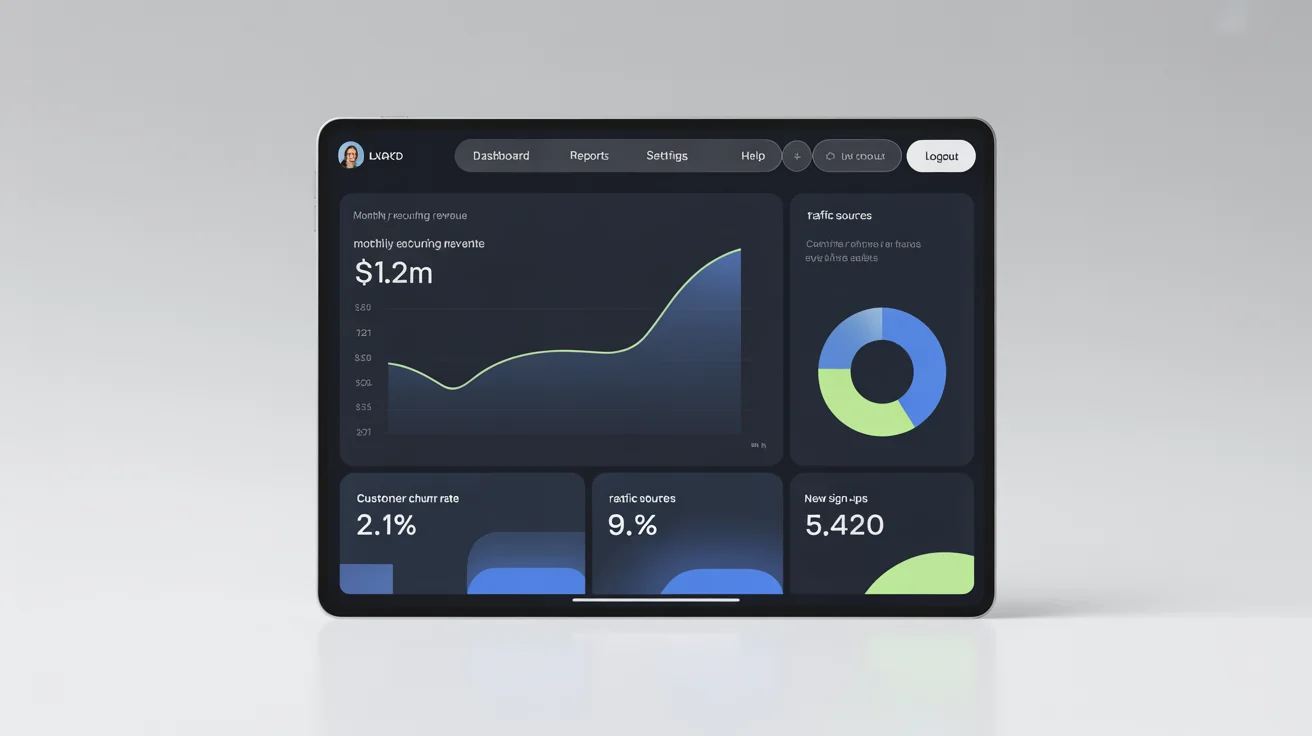 A modern KPI dashboard on a tablet screen, showing financial and user metric charts like revenue and churn rate against a dark background. The tablet is isolated on a pure white surface.